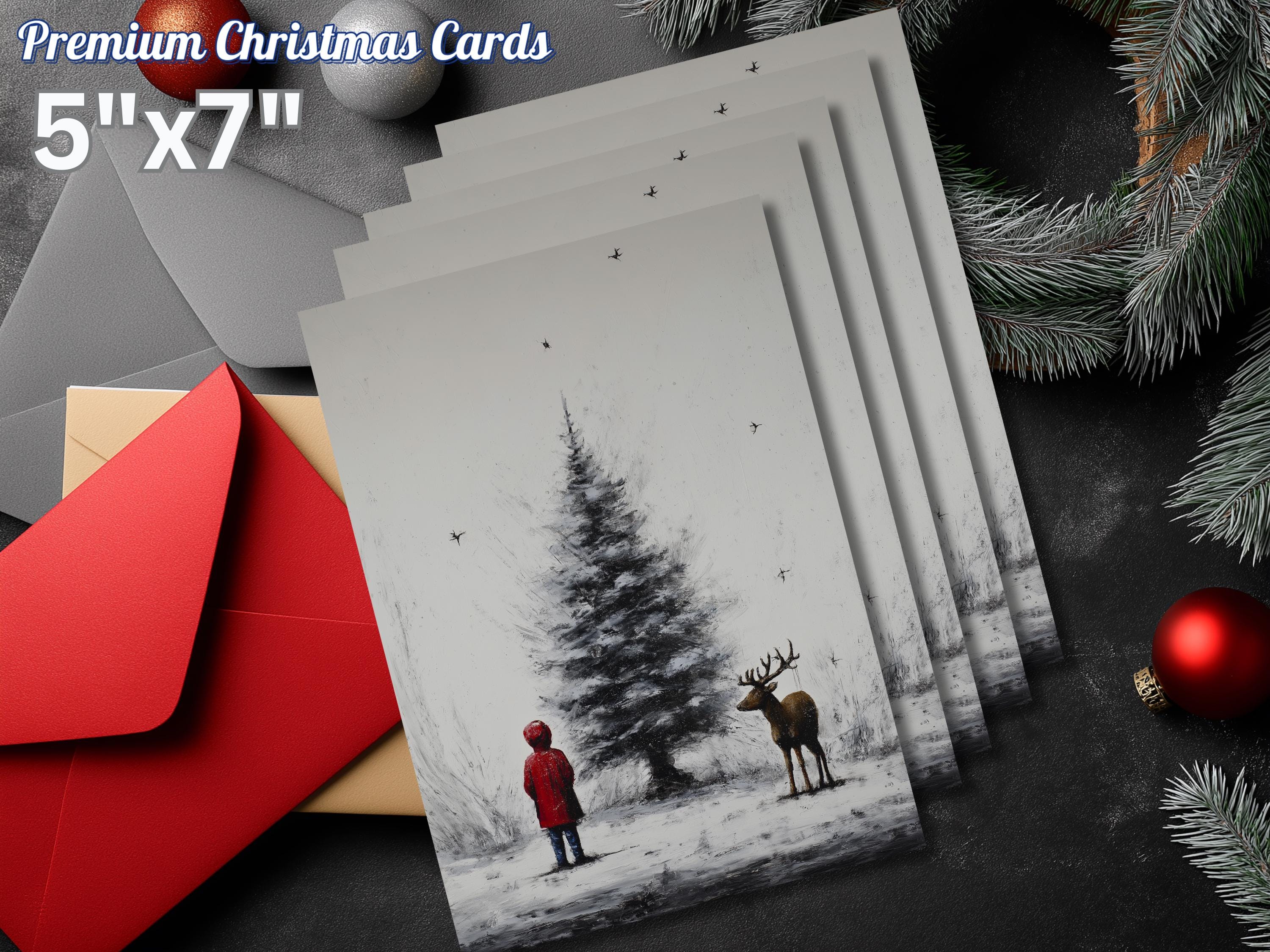 Cute Christmas Card, Child and Deer by a Tree, Art Print Christmas Card