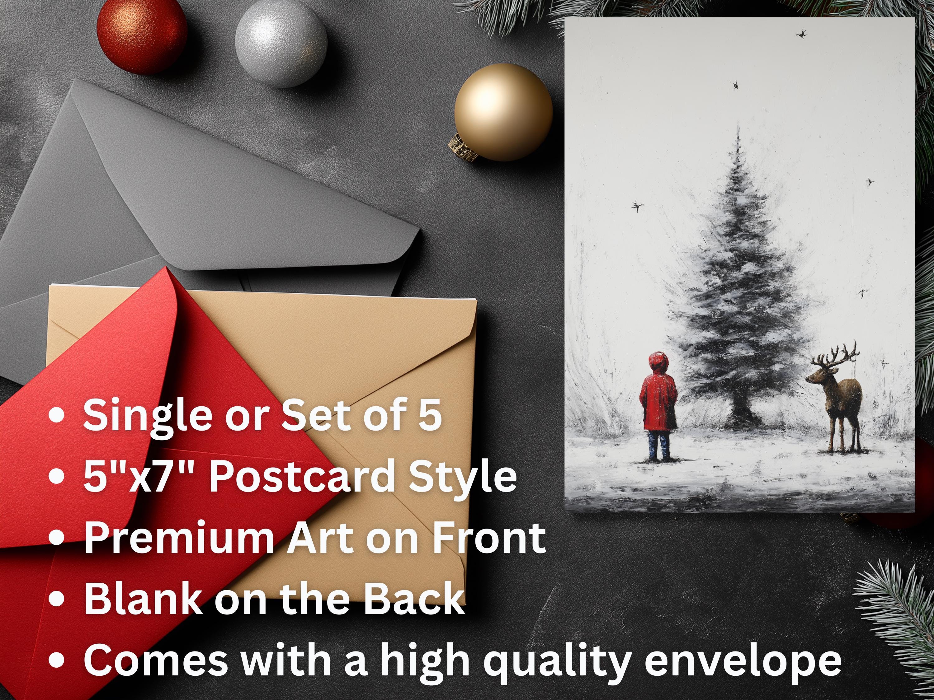 Cute Christmas Card, Child and Deer by a Tree, Art Print Christmas Card