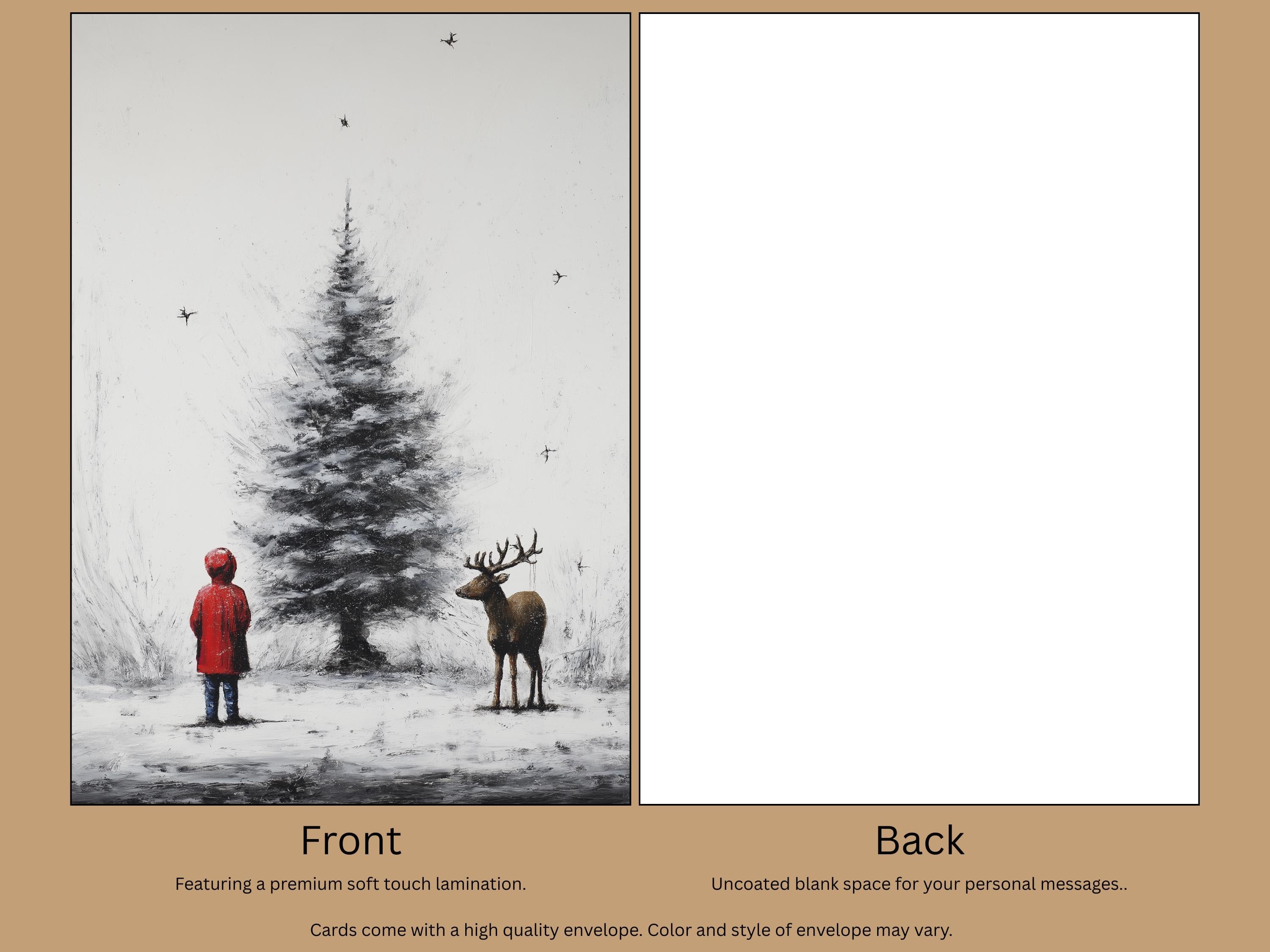 Cute Christmas Card, Child and Deer by a Tree, Art Print Christmas Card