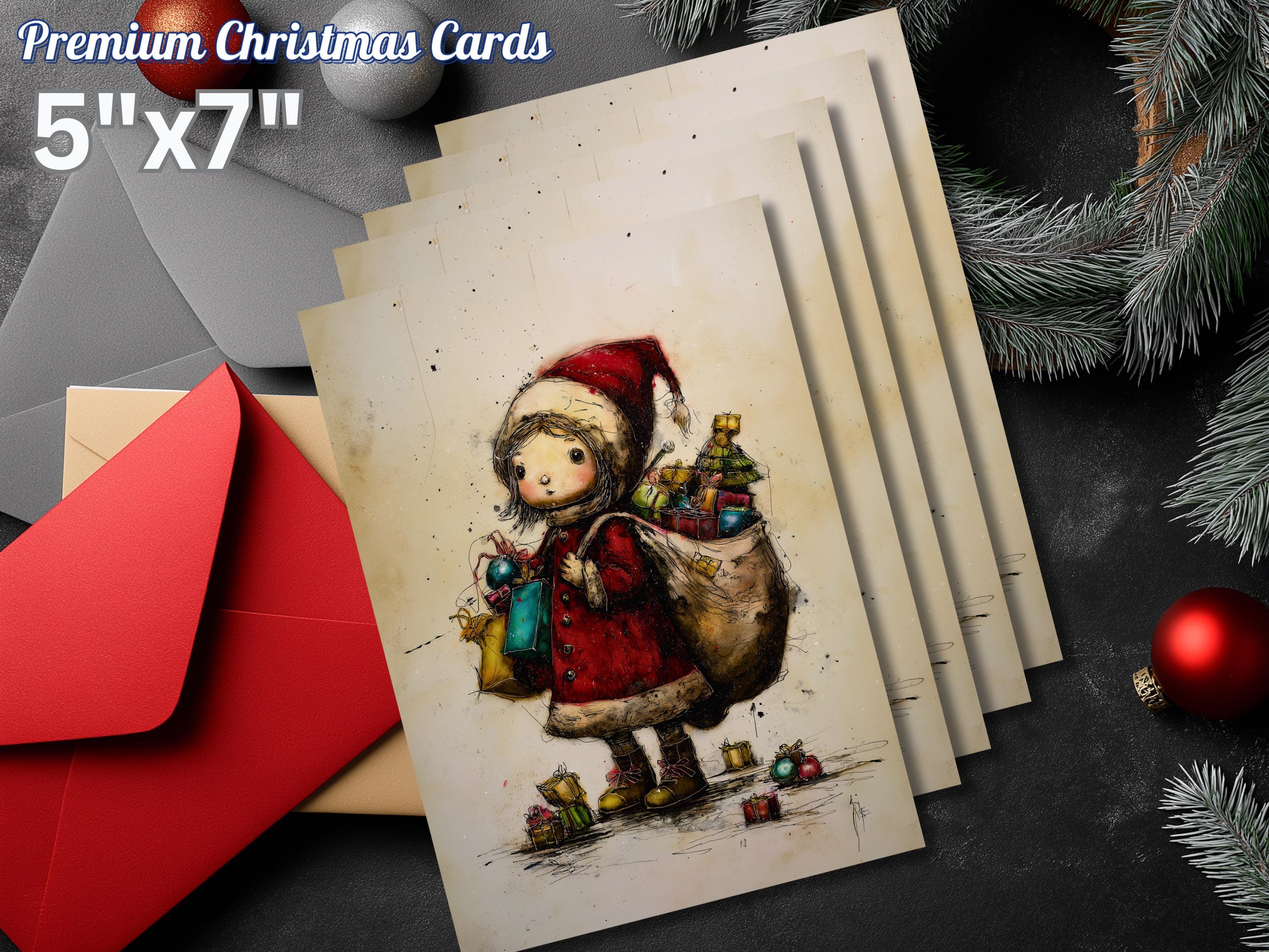 Little Girl Santa Christmas Card: Art Print Greeting Card