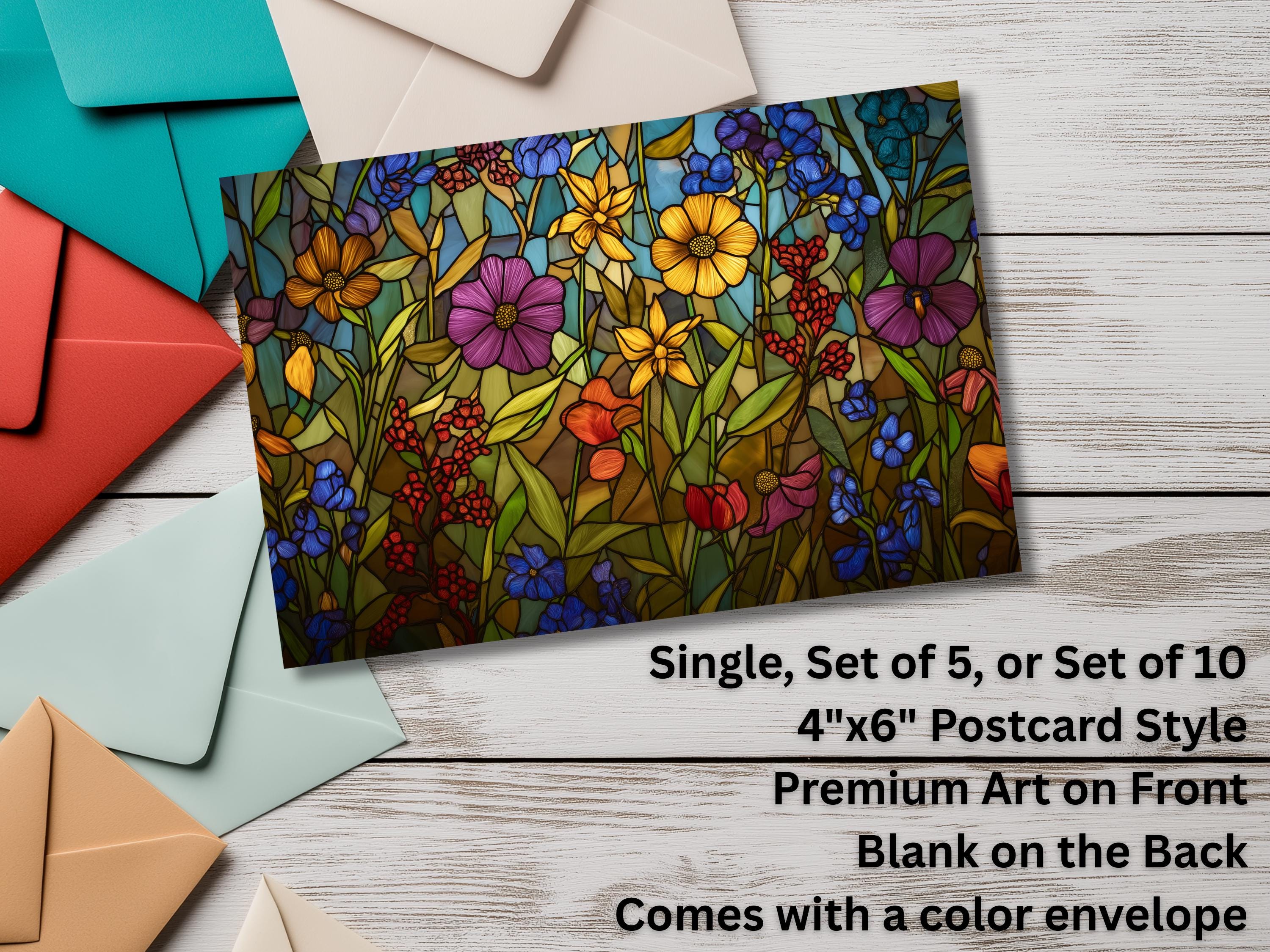 Floral Notecards with Envelope: Stained Glass Design, Blank Notecard, Any Occasion, Greeting Cards, Thank you Cards