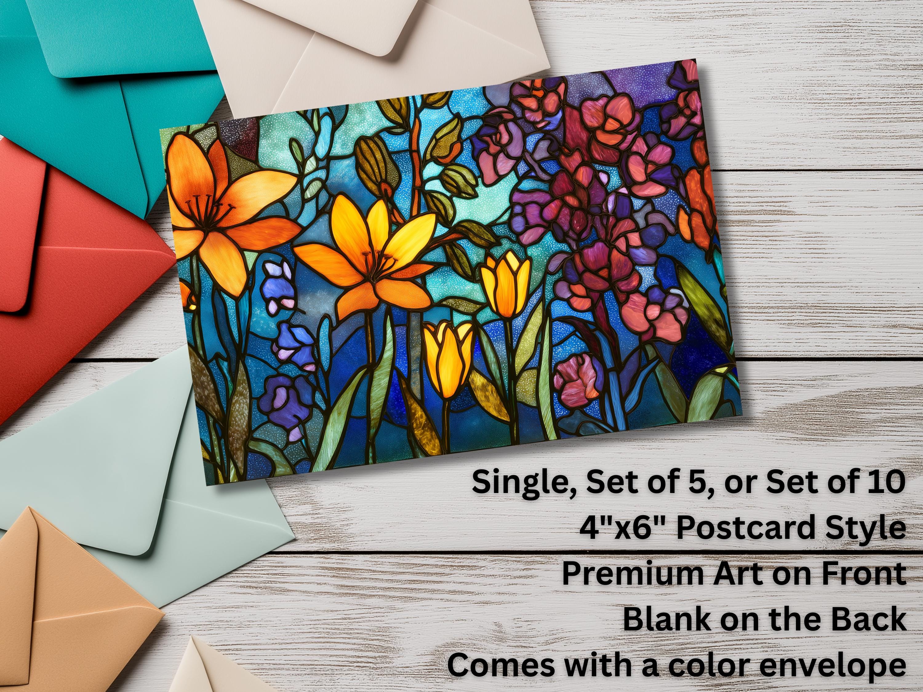 Floral Notecards with Envelope: Stained Glass Design, Blank Notecard, Any Occasion, Greeting Cards, Thank you Cards
