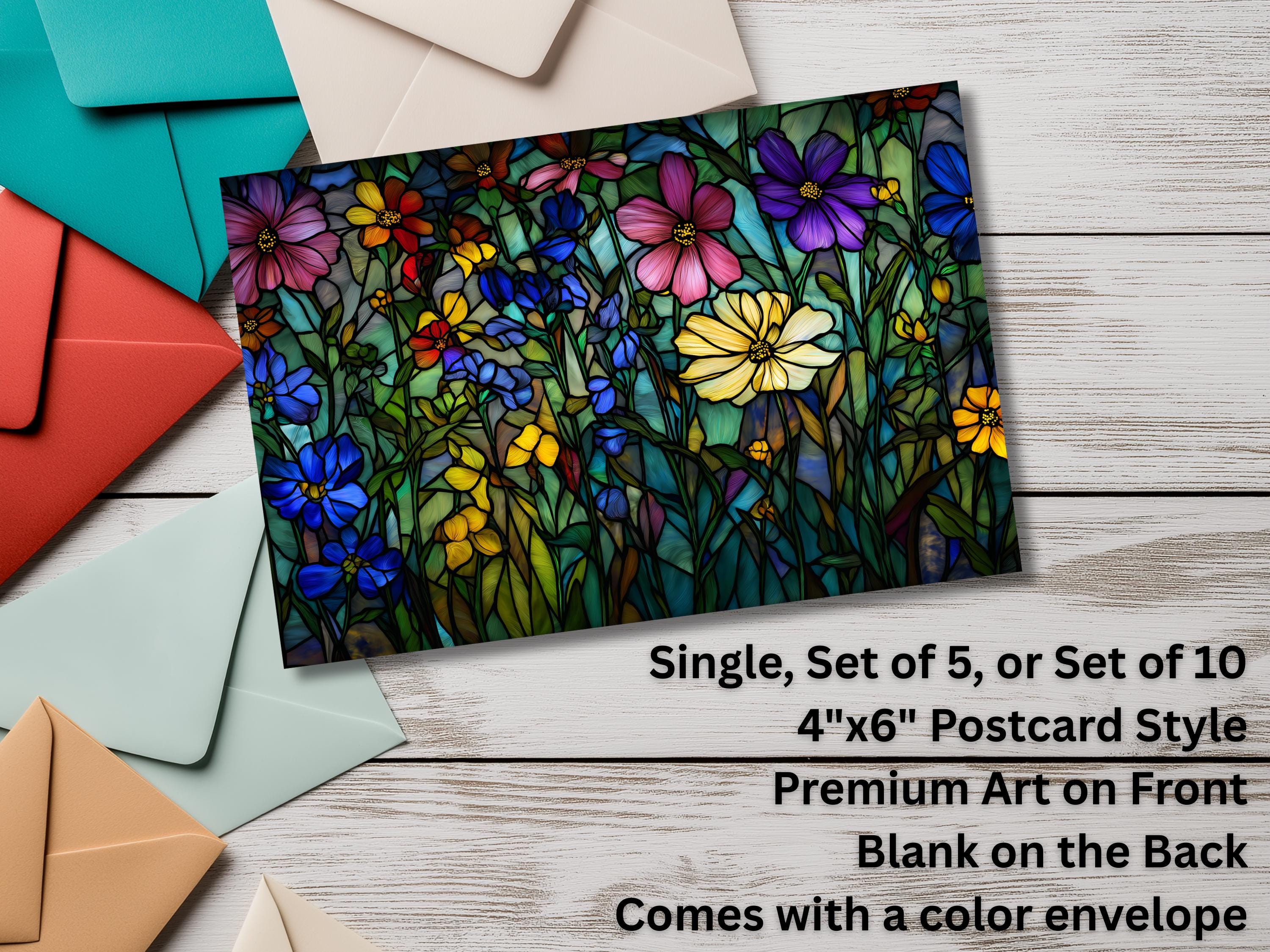Floral Notecards with Envelope: Stained Glass Design, Blank Notecard, Any Occasion, Greeting Cards, Thank you Cards