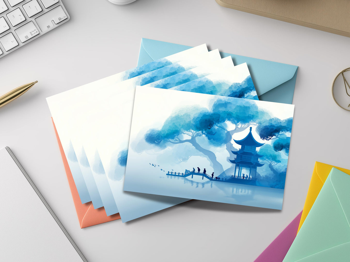 Japanese Landscape Notecard Set – Serene Pagoda & Torii Lake Art Cards with Colored Envelopes