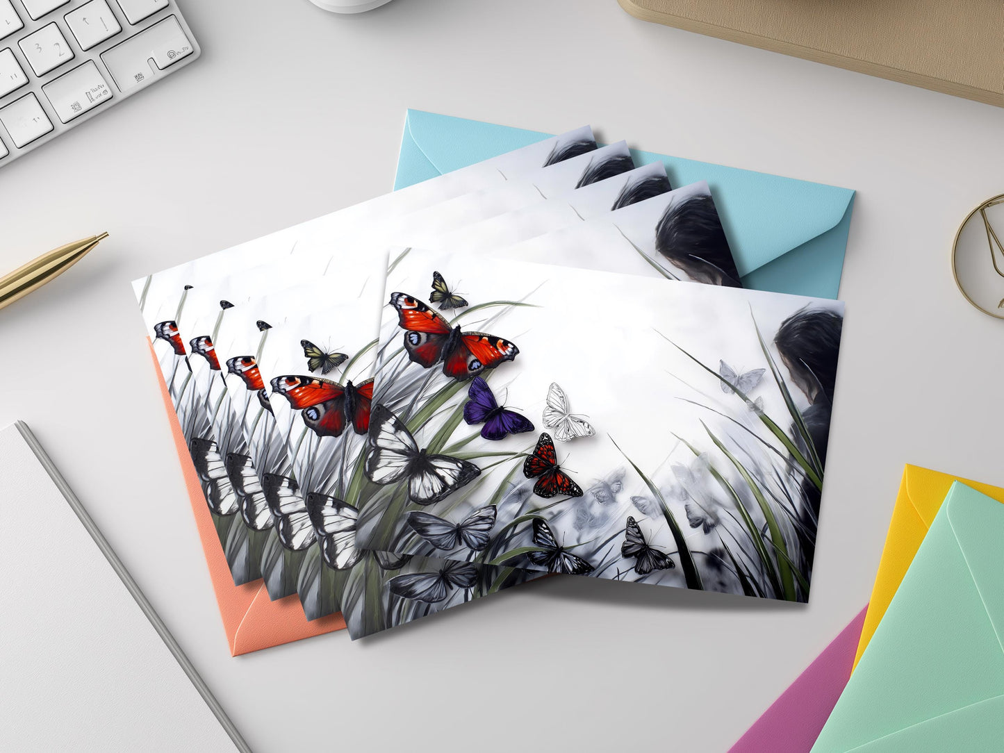 Butterfly Notecard Set – Unique Nature Art Flat Cards with Colored Envelopes – Botanical Stationery