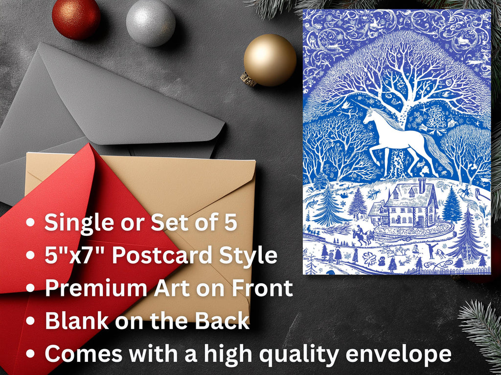 Unicorn Christmas Card: Blue Art Print with Envelope