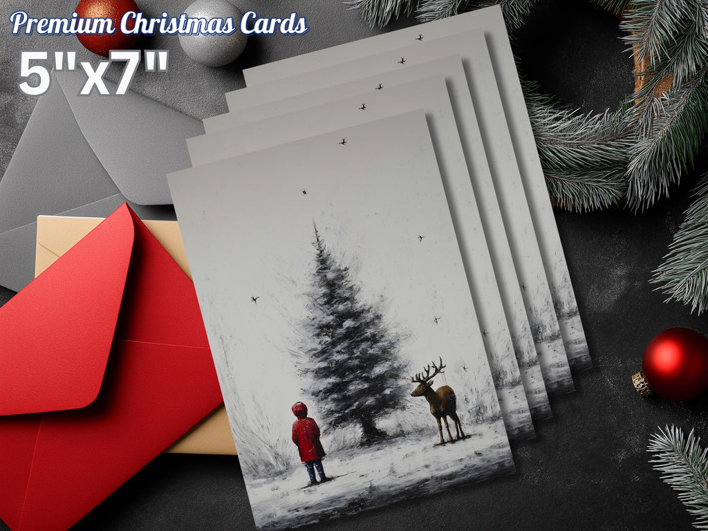 Cute Christmas Card, Child and Deer by a Tree, Art Print Christmas Card