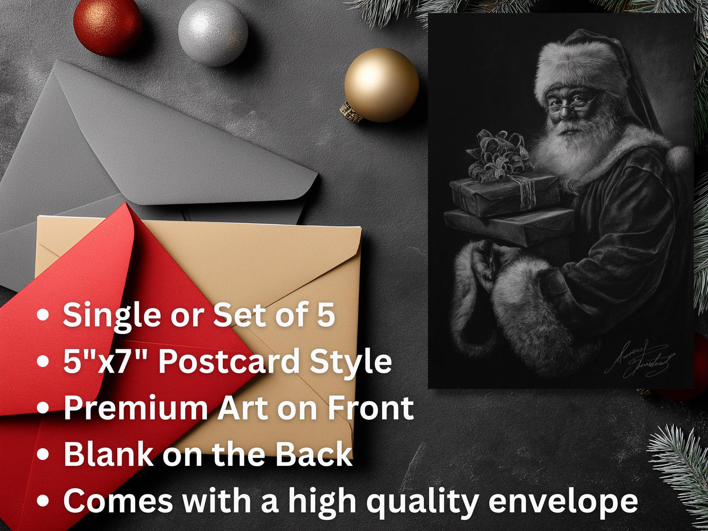 Santa Christmas Card, Classic Black and White Art Print