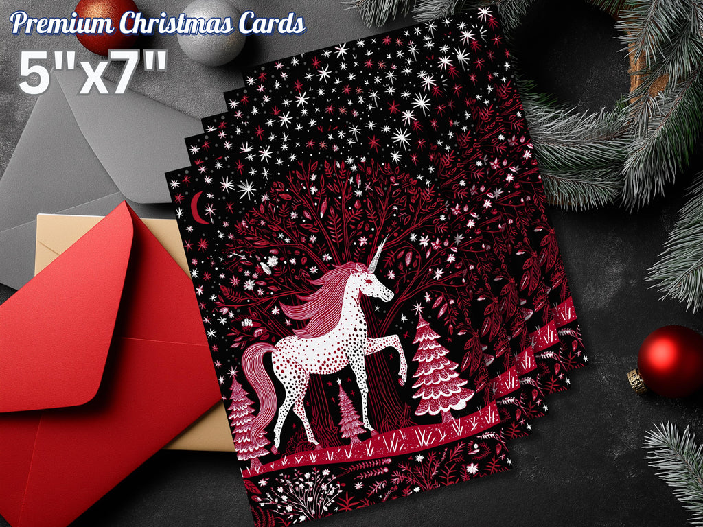 Red Unicorn Christmas Card: Art Print with Envelope