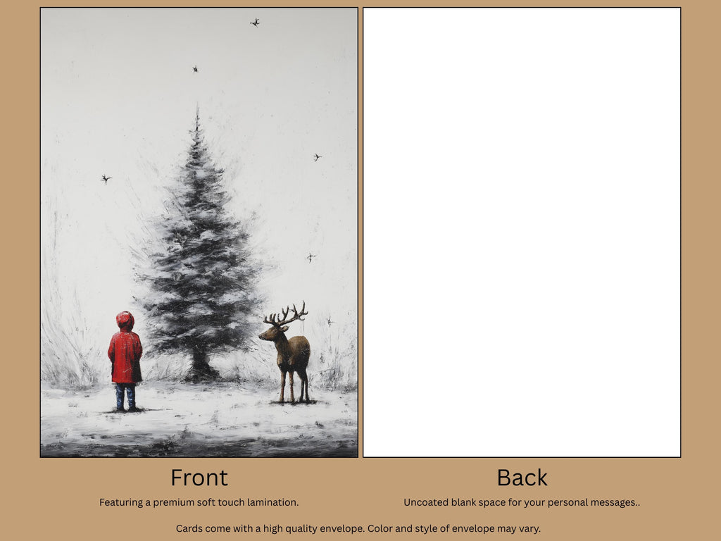 Cute Christmas Card, Child and Deer by a Tree, Art Print Christmas Card