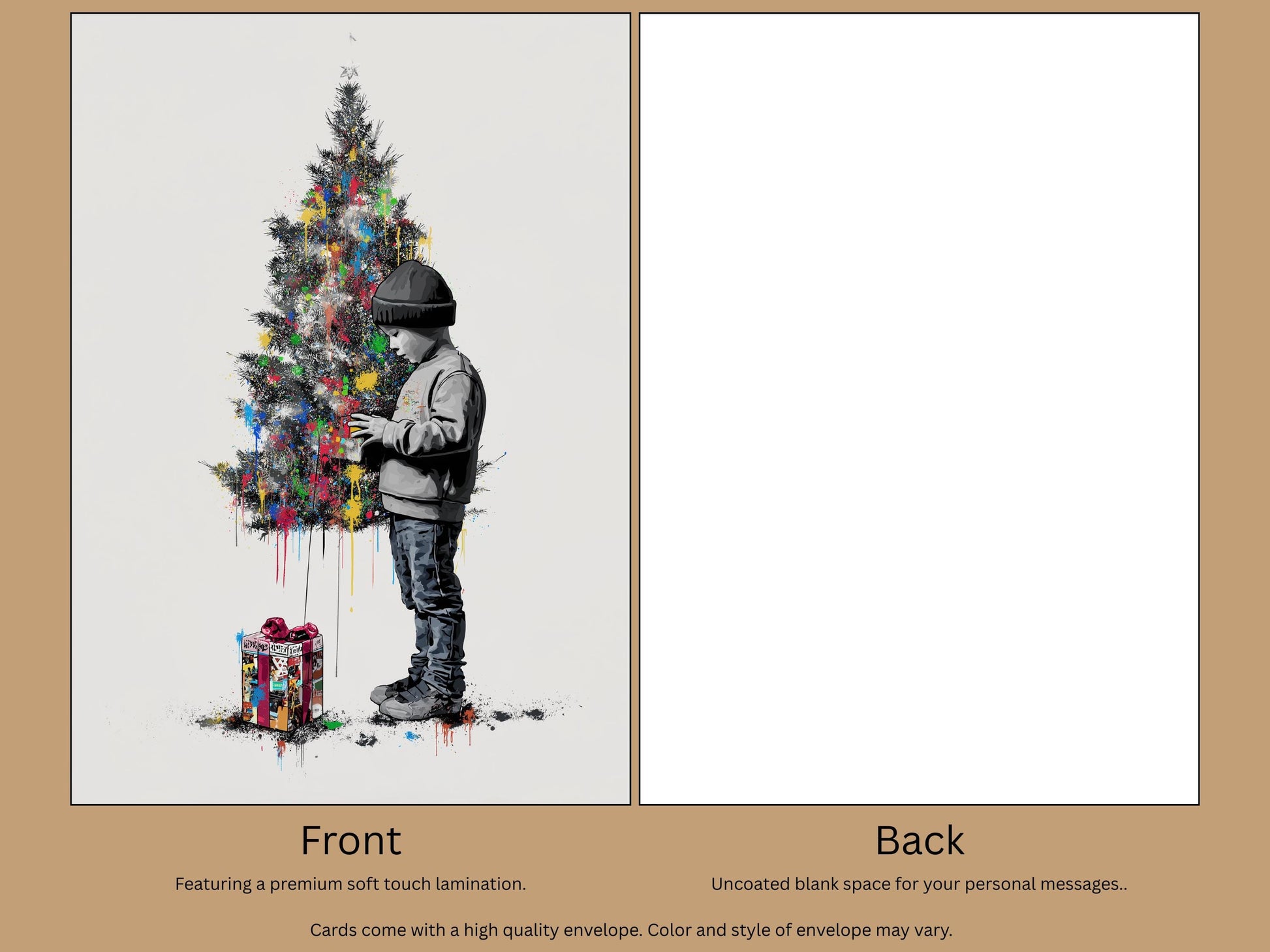 Art Print Christmas Card, Boy Decorating Tree