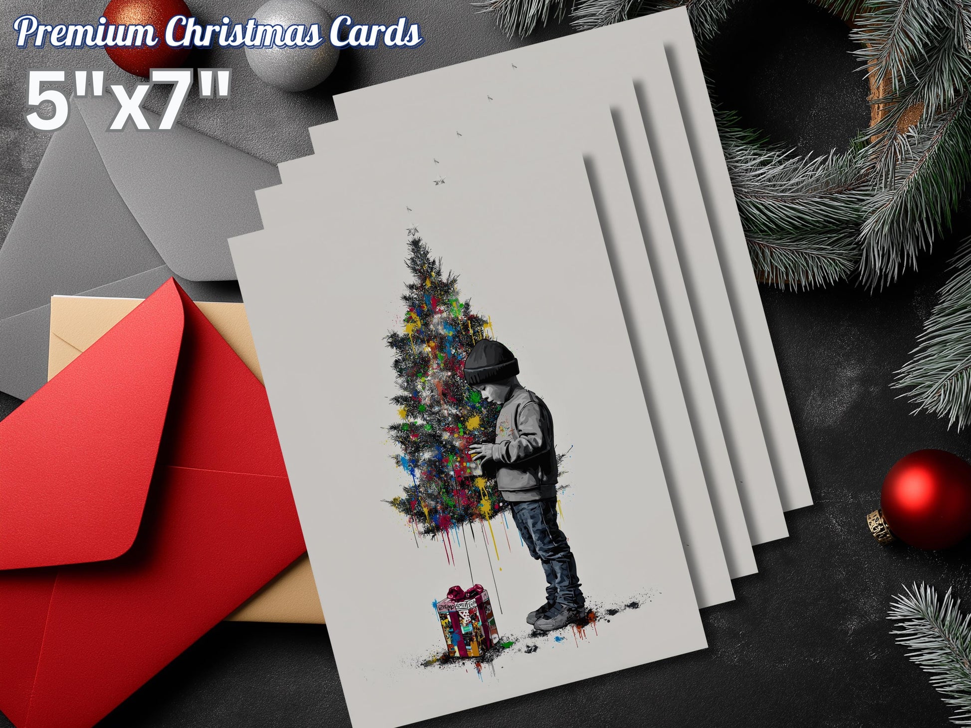 Art Print Christmas Card, Boy Decorating Tree