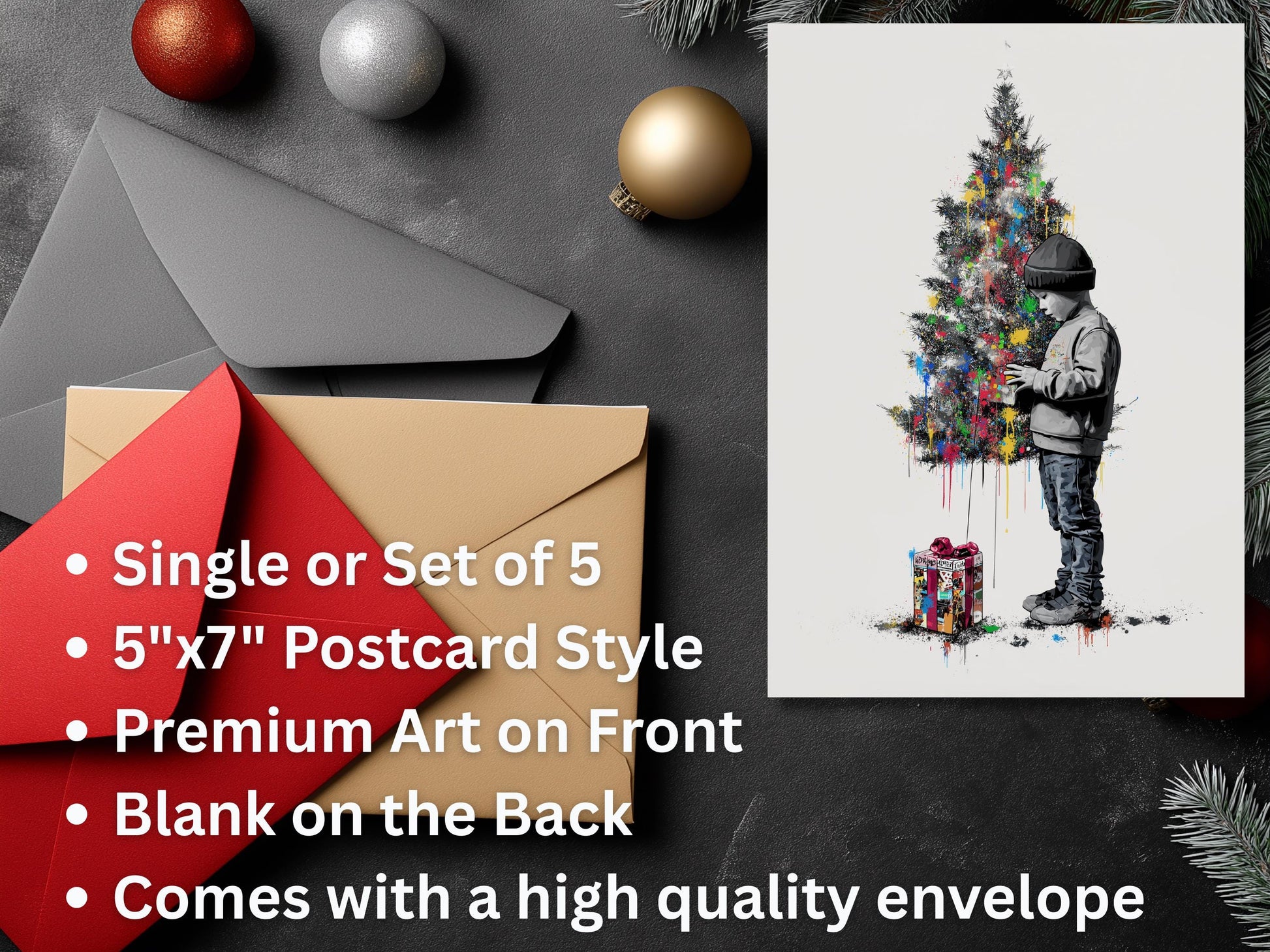 Art Print Christmas Card, Boy Decorating Tree