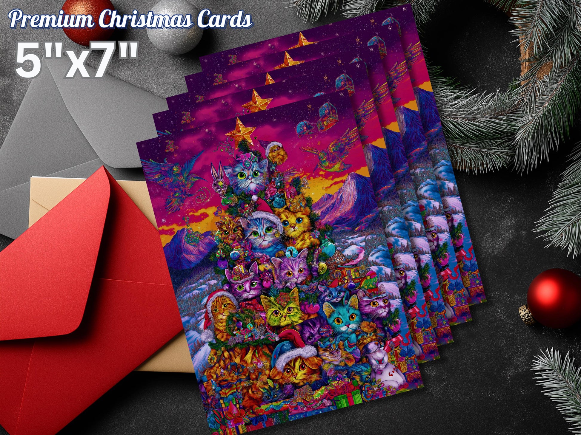 Cat Christmas Tree Art Print Card