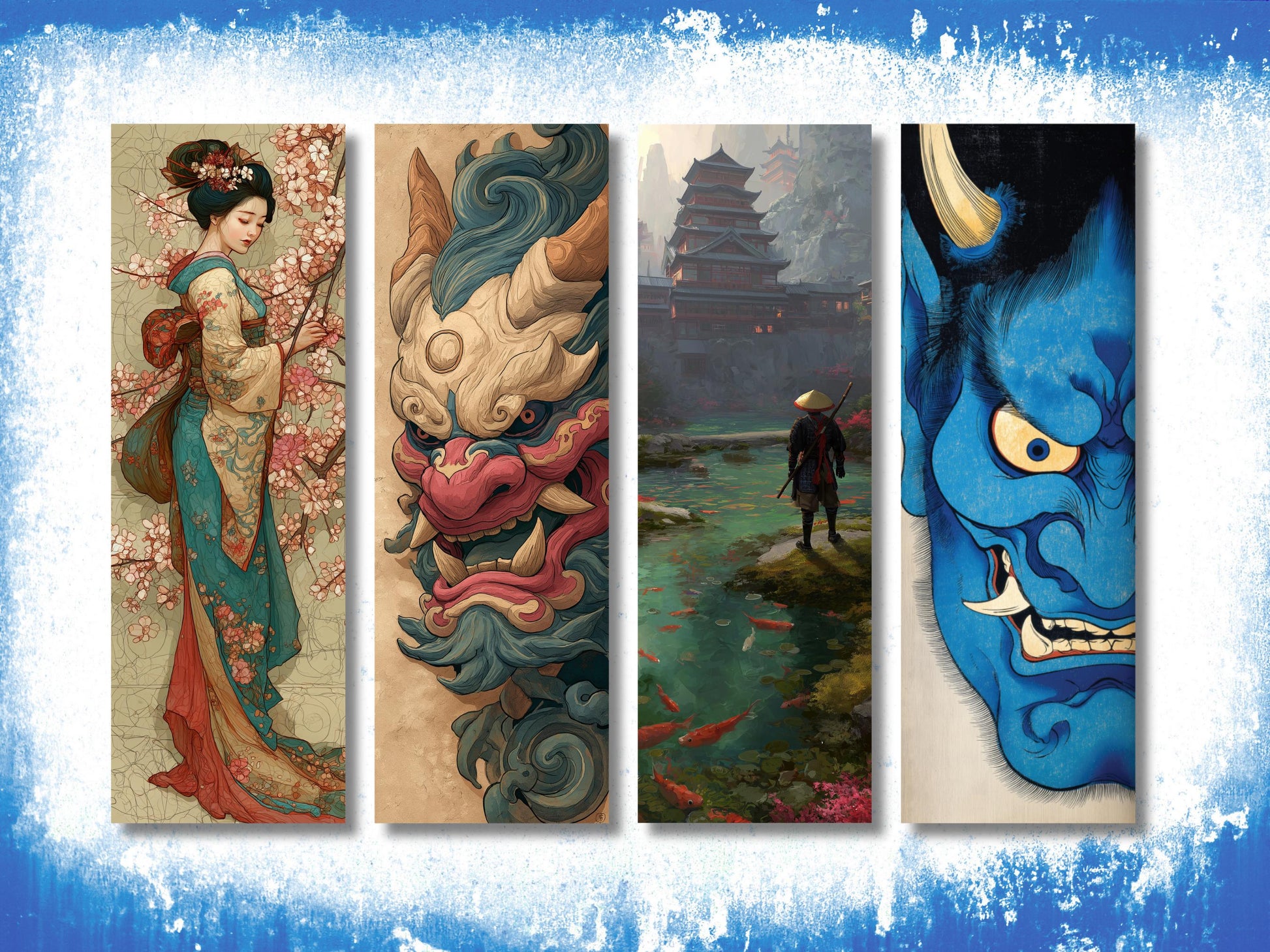 Japan Style Bookmark Set (Set of 4), double sided, High Fantasy Bookmark, Premium Bookmarks, Edo Bookmarks, Woodblock Style