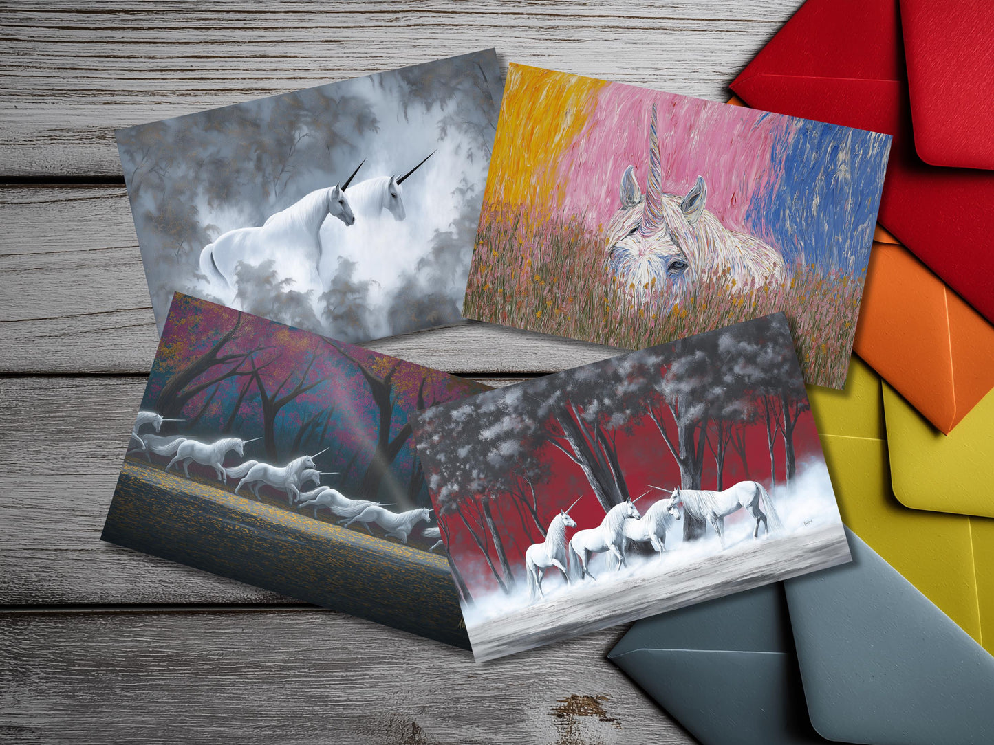 Unicorn Notecard Set – Fantasy Flat Stationery with Colored Envelopes – Unique Artistic Unicorn Gift