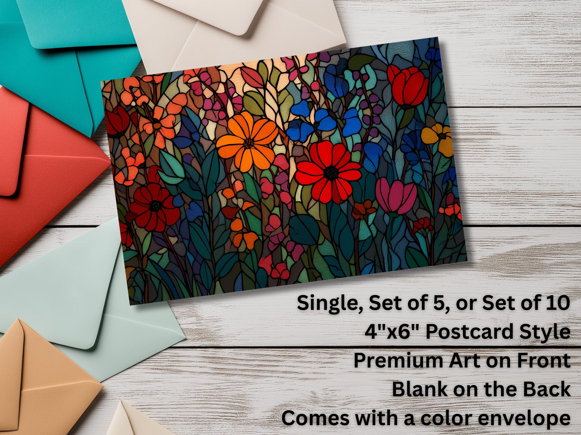 Floral Notecards with Envelope: Stained Glass Design, Blank Notecard, Any Occasion, Greeting Cards, Thank you Cards