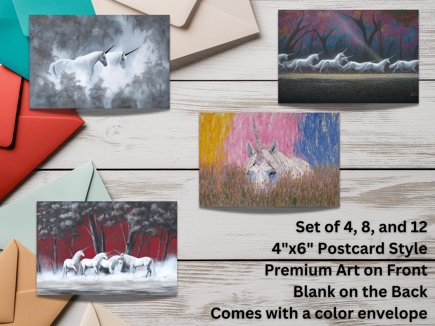 Unicorn Notecard Set – Fantasy Flat Stationery with Colored Envelopes – Unique Artistic Unicorn Gift