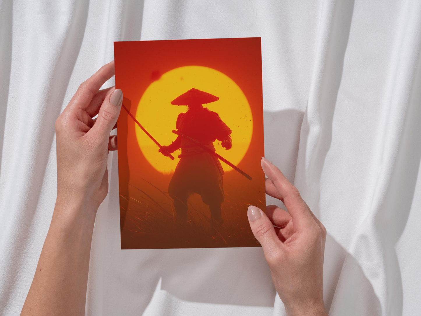 Samurai Art Print | Japanese Dawn Silhouette, Colorful Wall Decor
