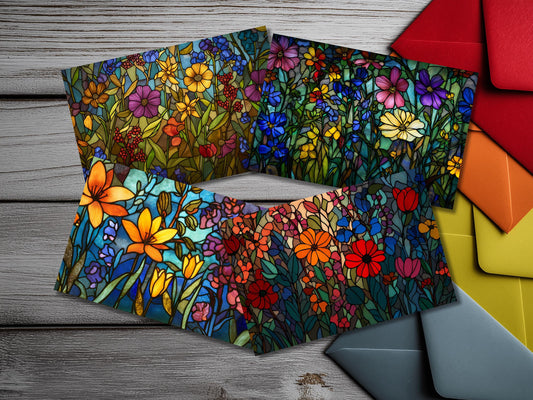 Stained Glass Floral Notecard Set – Botanical Art with Colored Envelopes