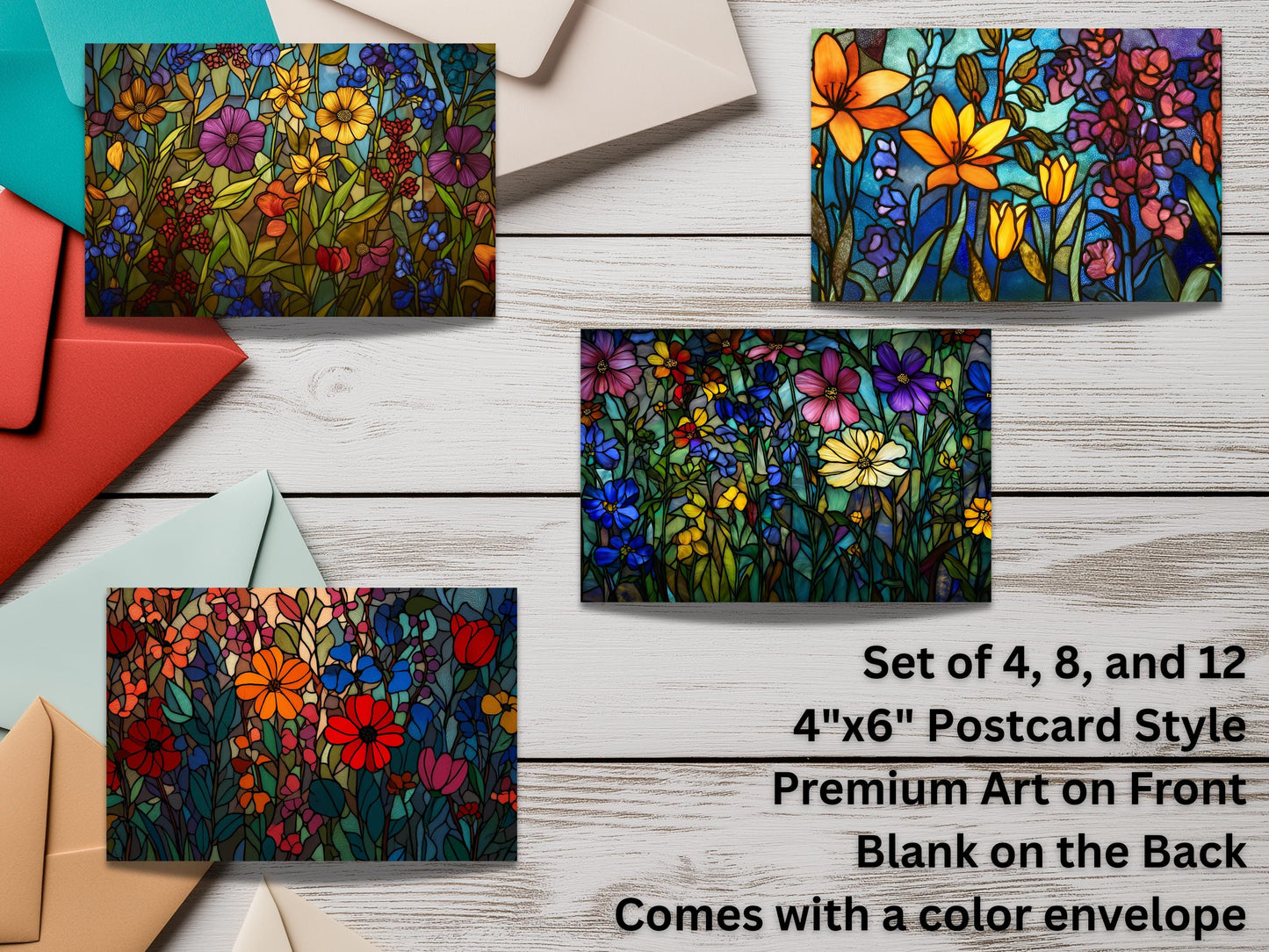 Stained Glass Floral Notecard Set – Botanical Art with Colored Envelopes