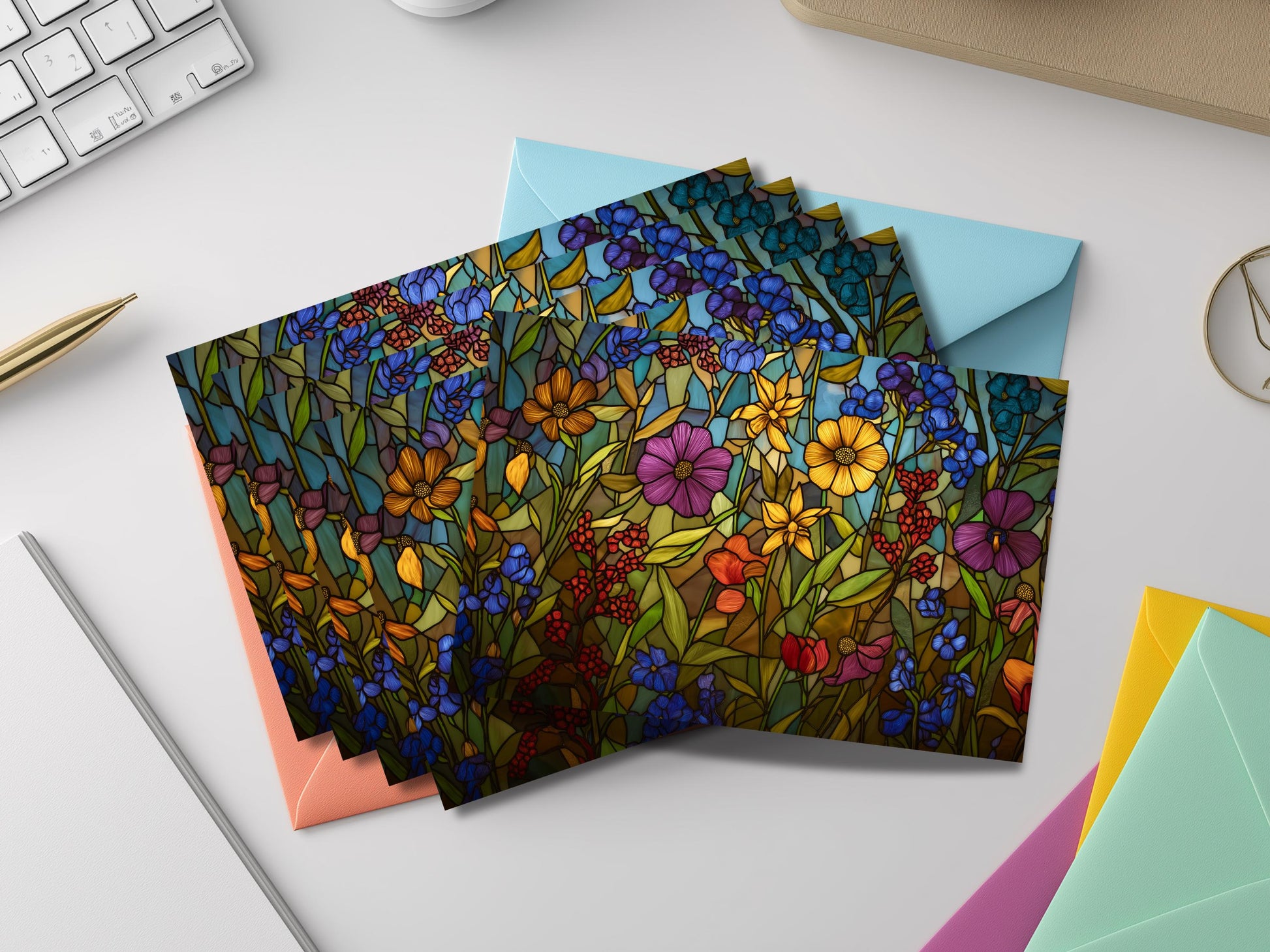 Stained Glass Floral Notecard Set – Botanical Art with Colored Envelopes