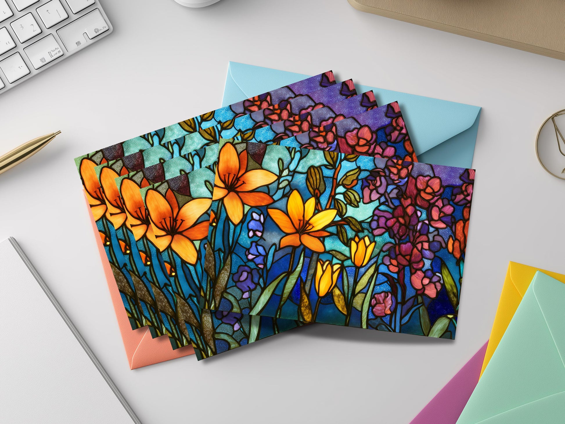 Stained Glass Floral Notecard Set – Botanical Art with Colored Envelopes