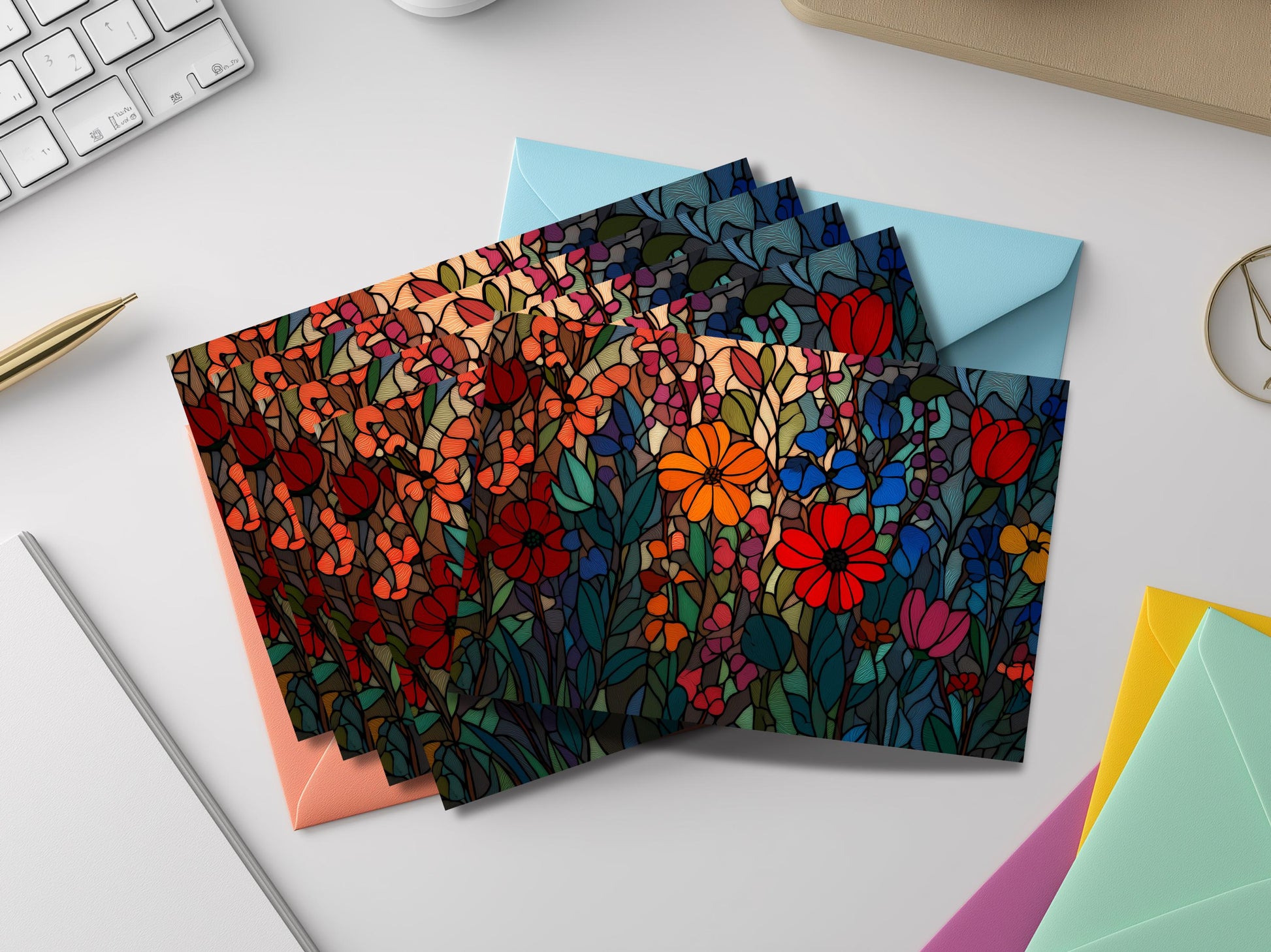 Stained Glass Floral Notecard Set – Botanical Art with Colored Envelopes