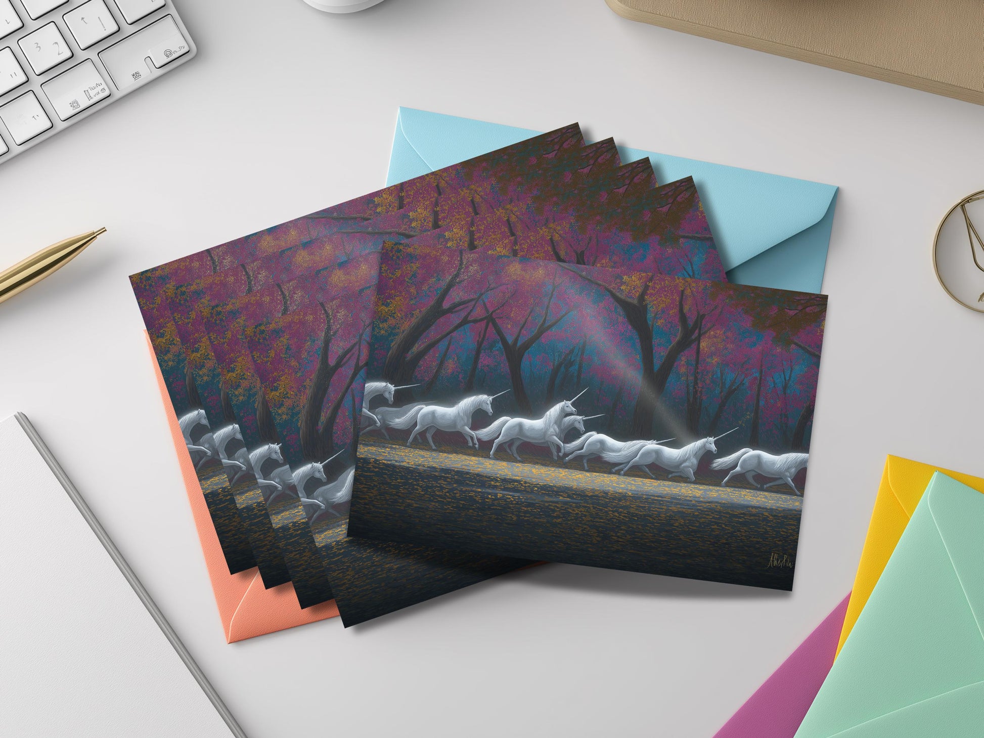 Unicorn Notecard Set – Fantasy Flat Stationery with Colored Envelopes – Unique Artistic Unicorn Gift