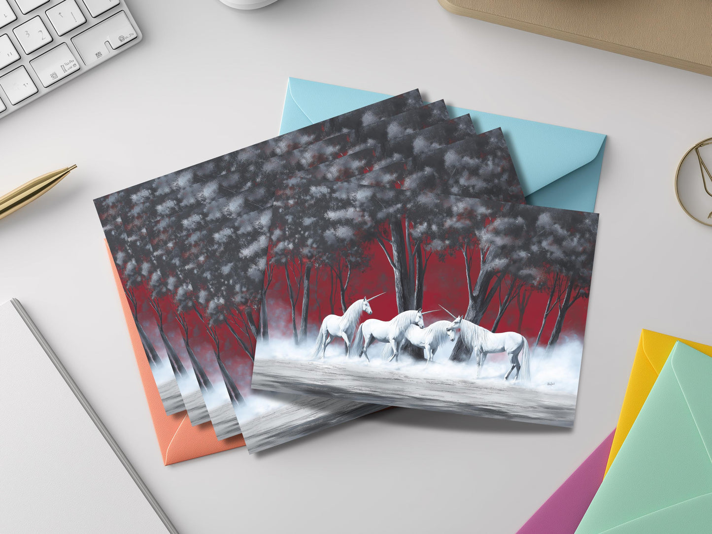 Unicorn Notecard Set – Fantasy Flat Stationery with Colored Envelopes – Unique Artistic Unicorn Gift