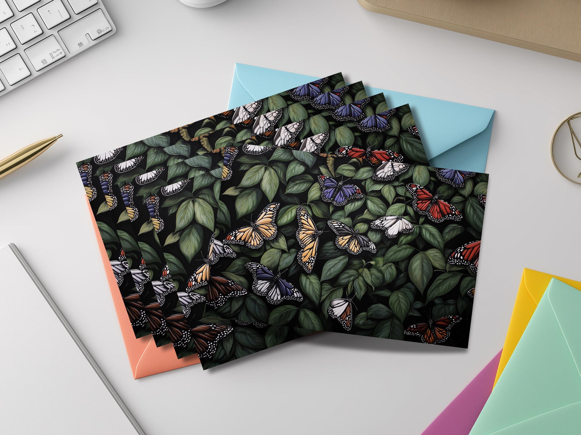Butterfly Notecard Set – Unique Nature Art Flat Cards with Colored Envelopes – Botanical Stationery