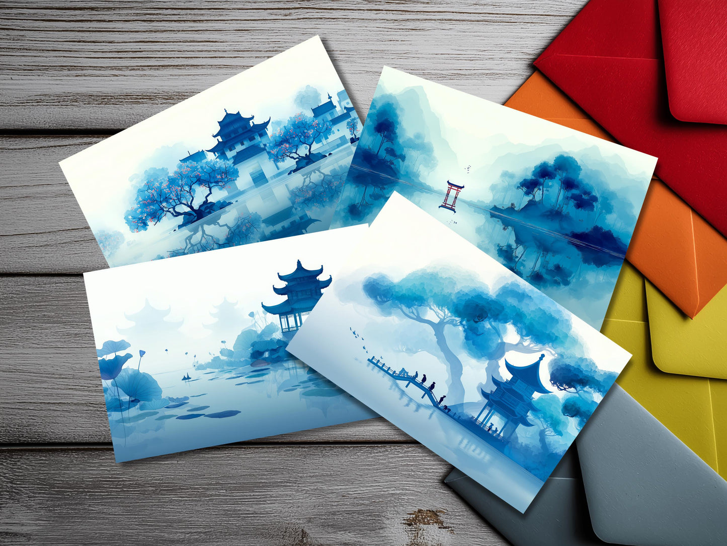 Japanese Landscape Notecard Set – Serene Pagoda & Torii Lake Art Cards with Colored Envelopes