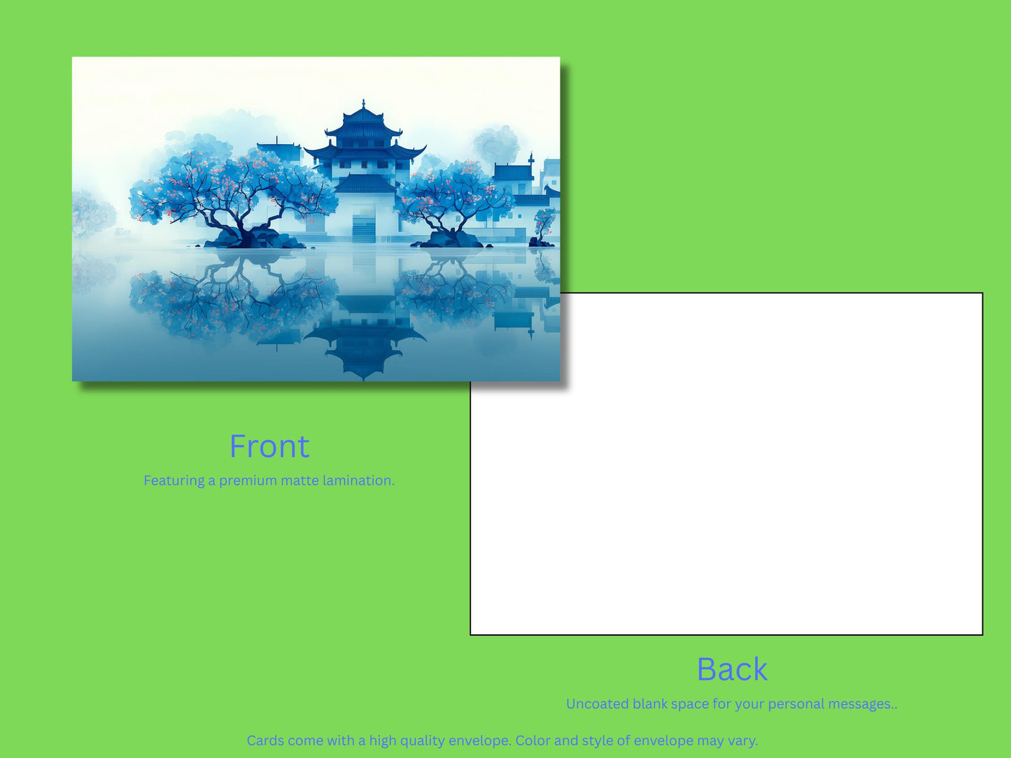 Japanese Landscape Notecard Set – Serene Pagoda & Torii Lake Art Cards with Colored Envelopes