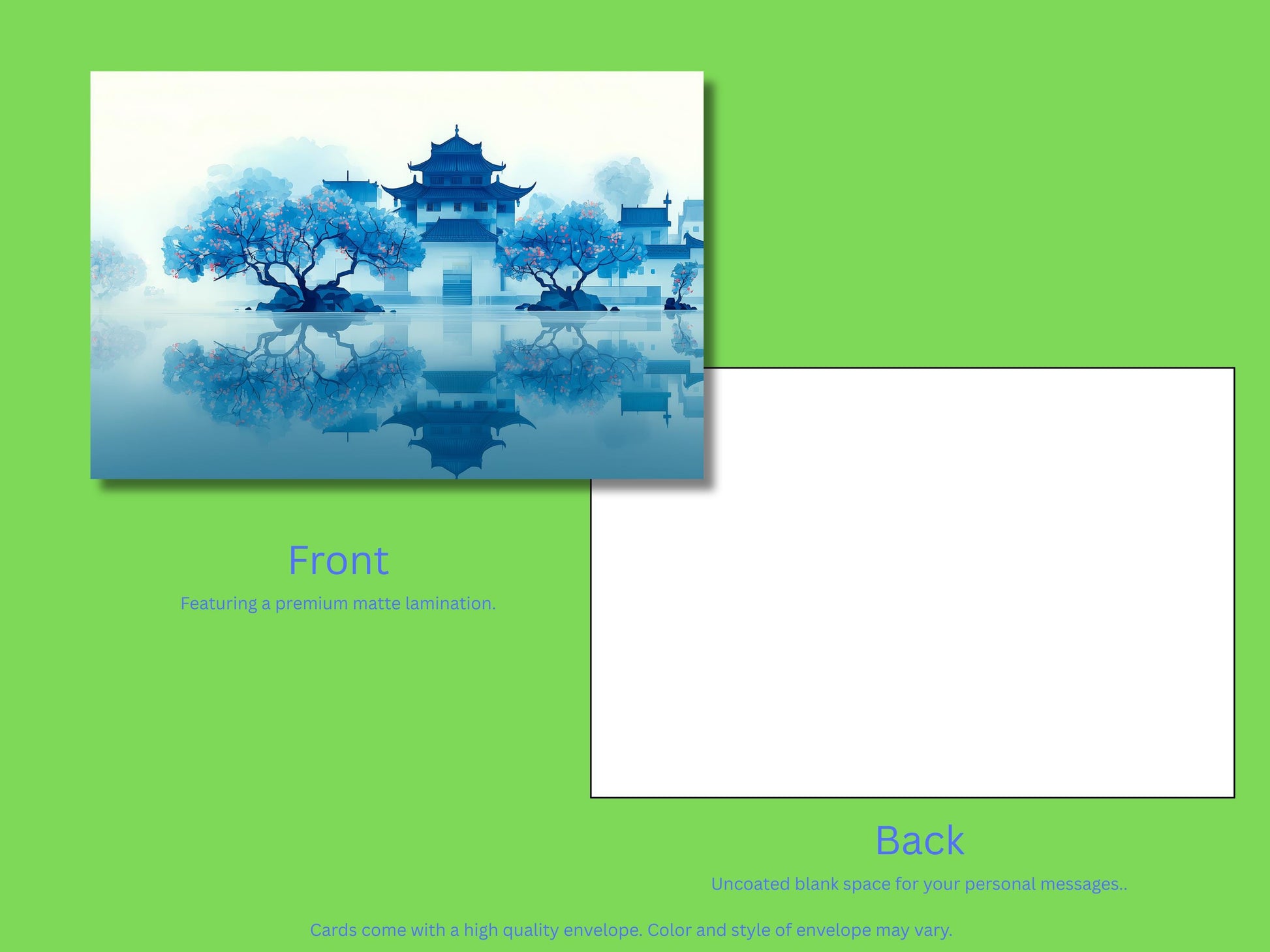 Japanese Landscape Notecard Set – Serene Pagoda & Torii Lake Art Cards with Colored Envelopes