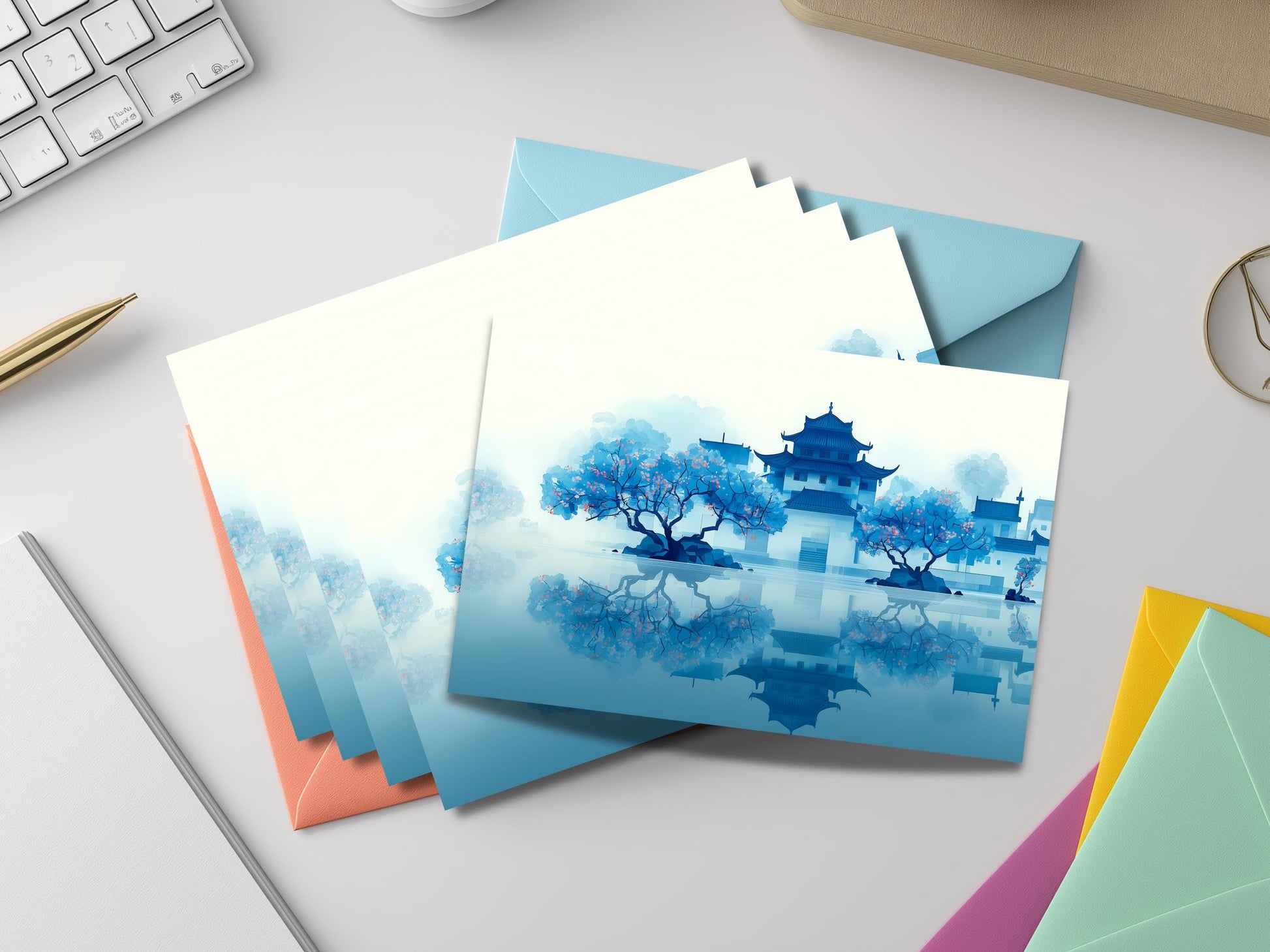 Japanese Landscape Notecard Set – Serene Pagoda & Torii Lake Art Cards with Colored Envelopes