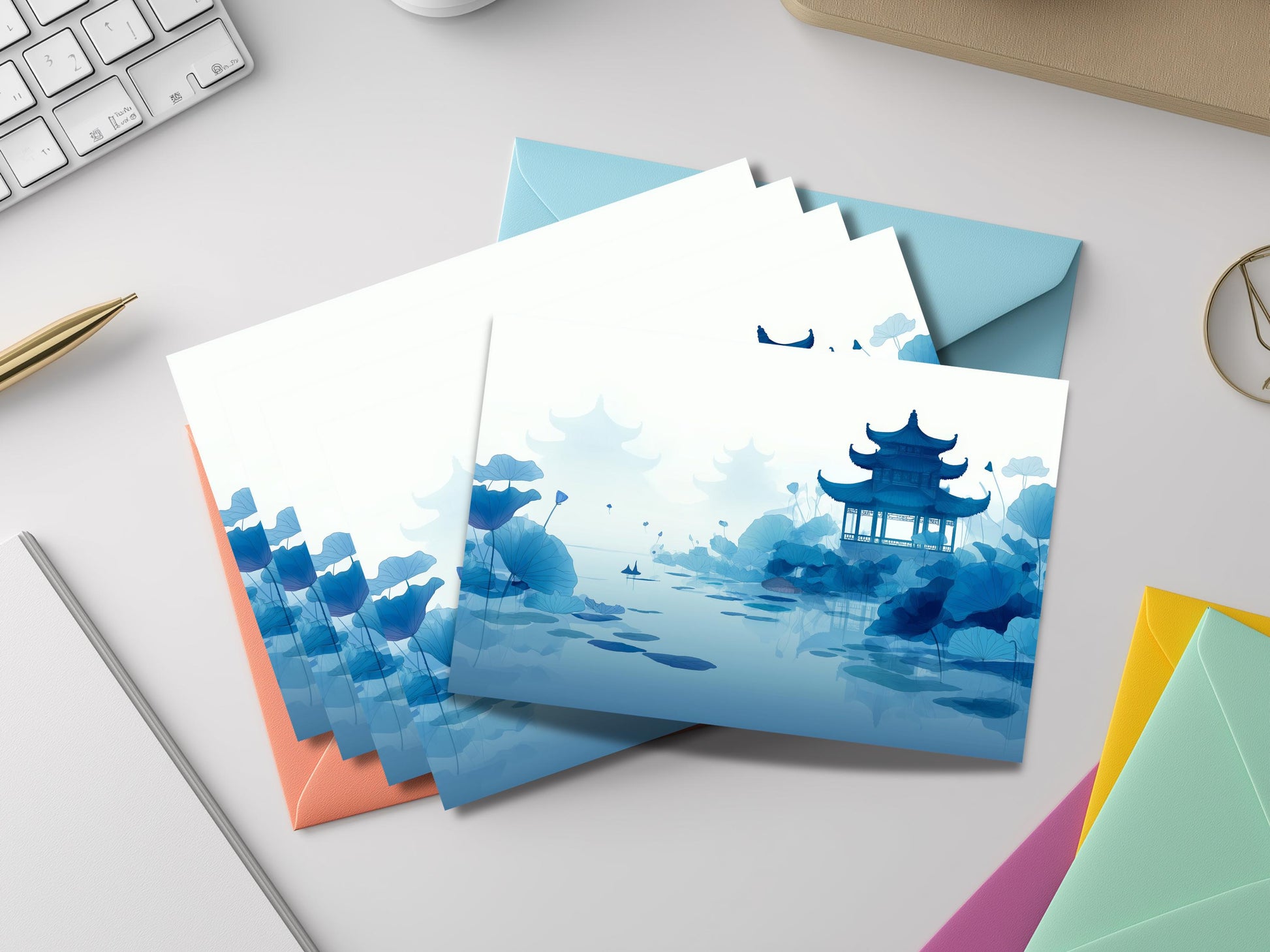 Japanese Landscape Notecard Set – Serene Pagoda & Torii Lake Art Cards with Colored Envelopes