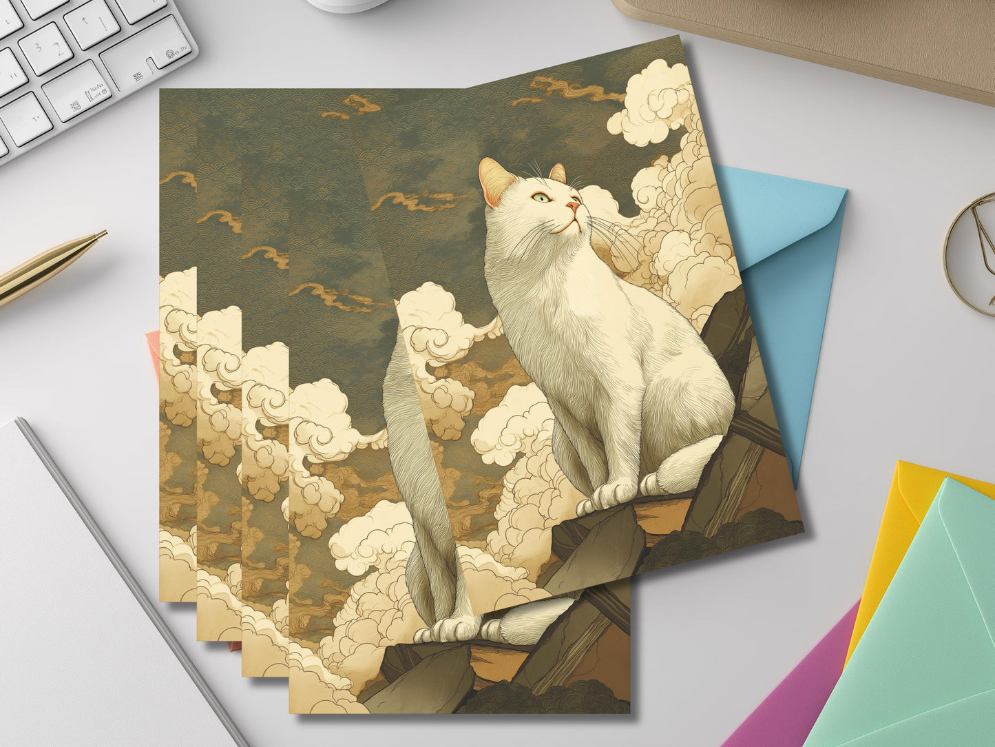 Ukiyo-e Cat Notecard Set – Japanese Woodblock Style Art Cards with Colored Envelopes