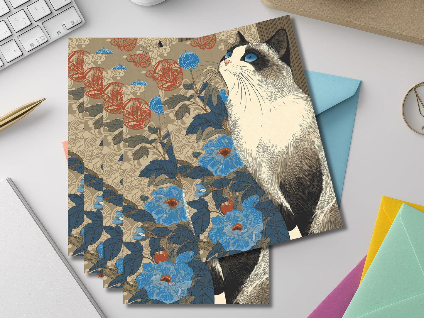 Ukiyo-e Cat Notecard Set – Japanese Woodblock Style Art Cards with Colored Envelopes