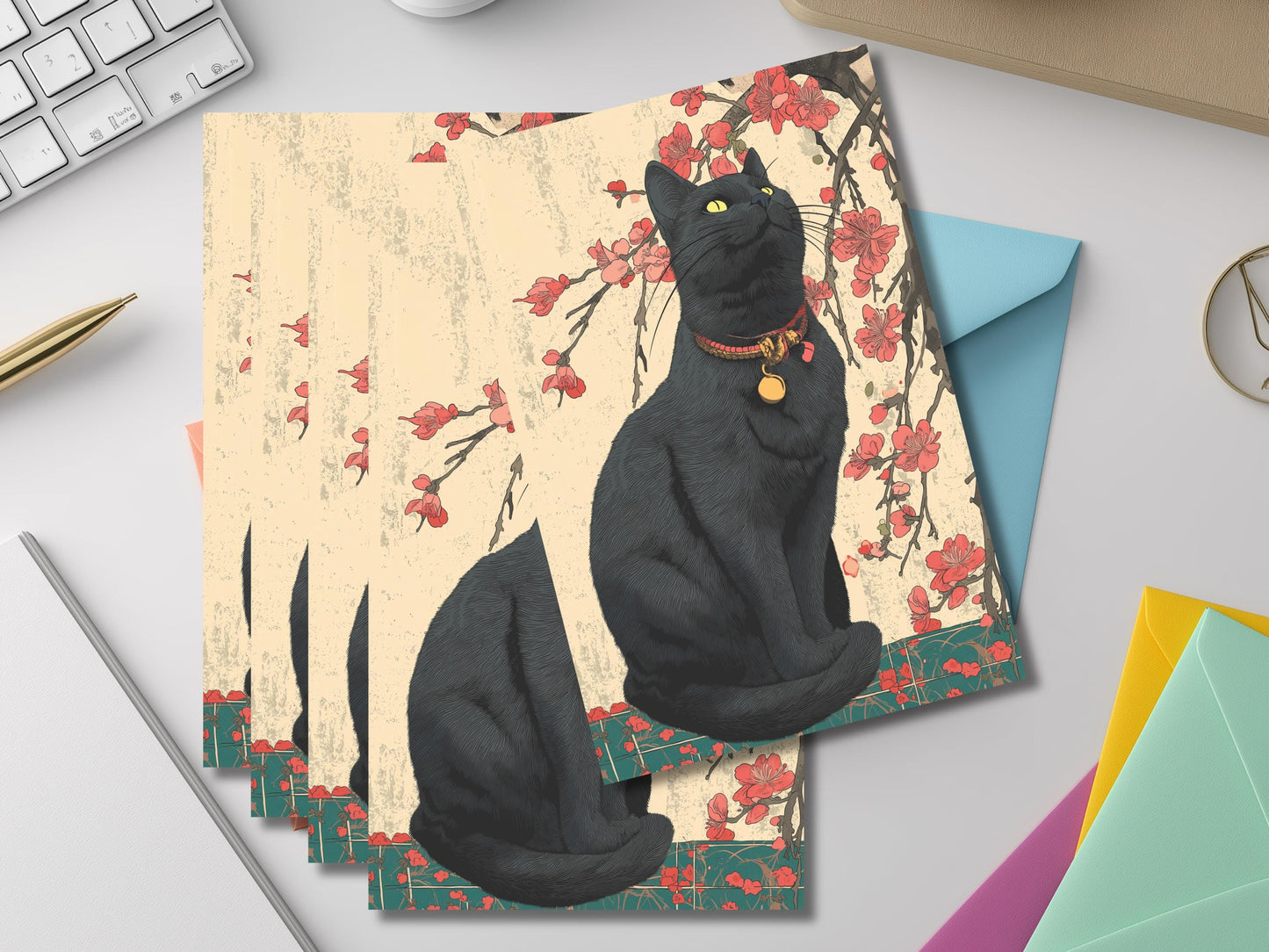 Ukiyo-e Cat Notecard Set – Japanese Woodblock Style Art Cards with Colored Envelopes