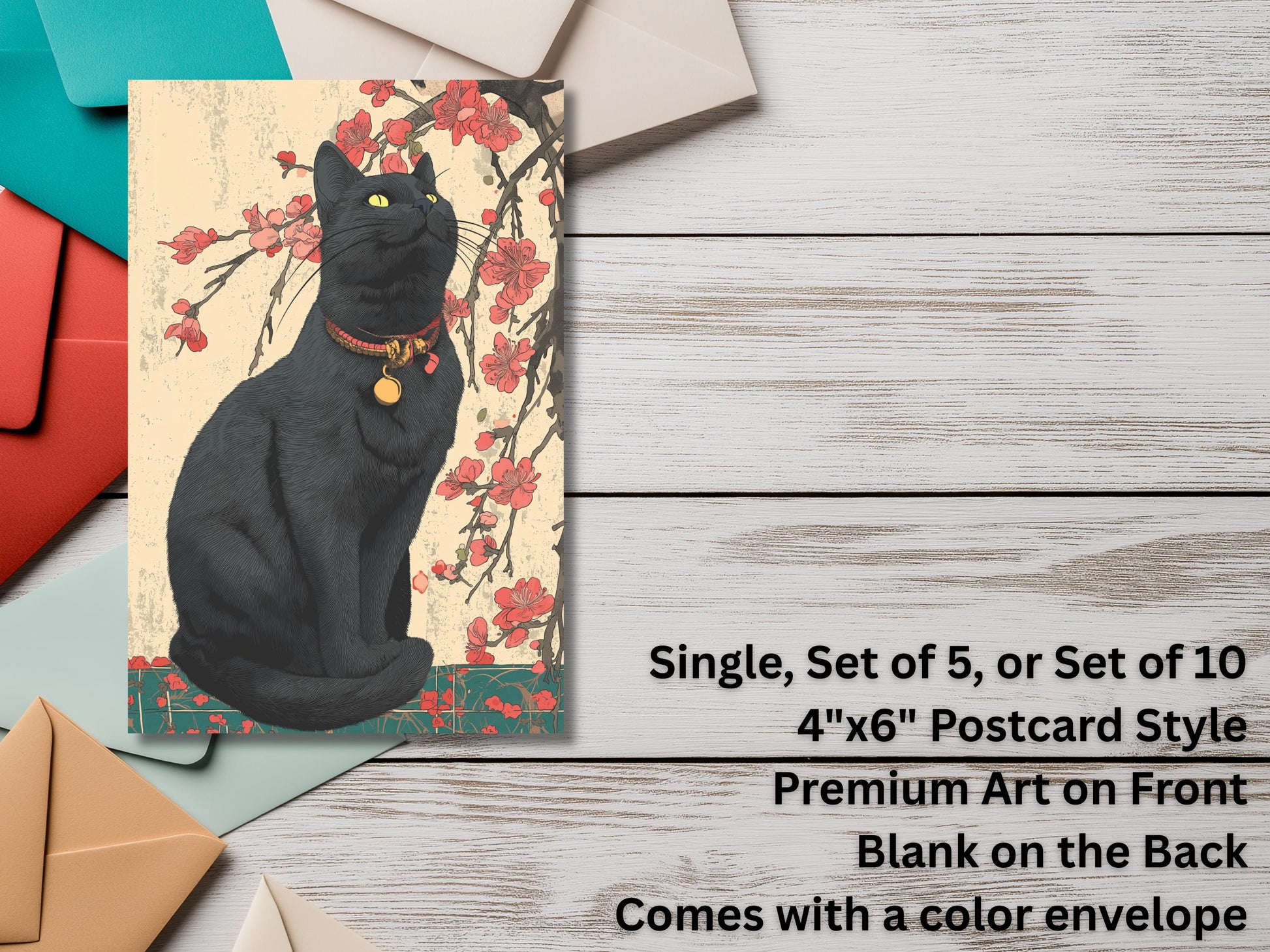 Ukiyo-e Cat Notecard Set – Japanese Woodblock Style Art Cards with Colored Envelopes