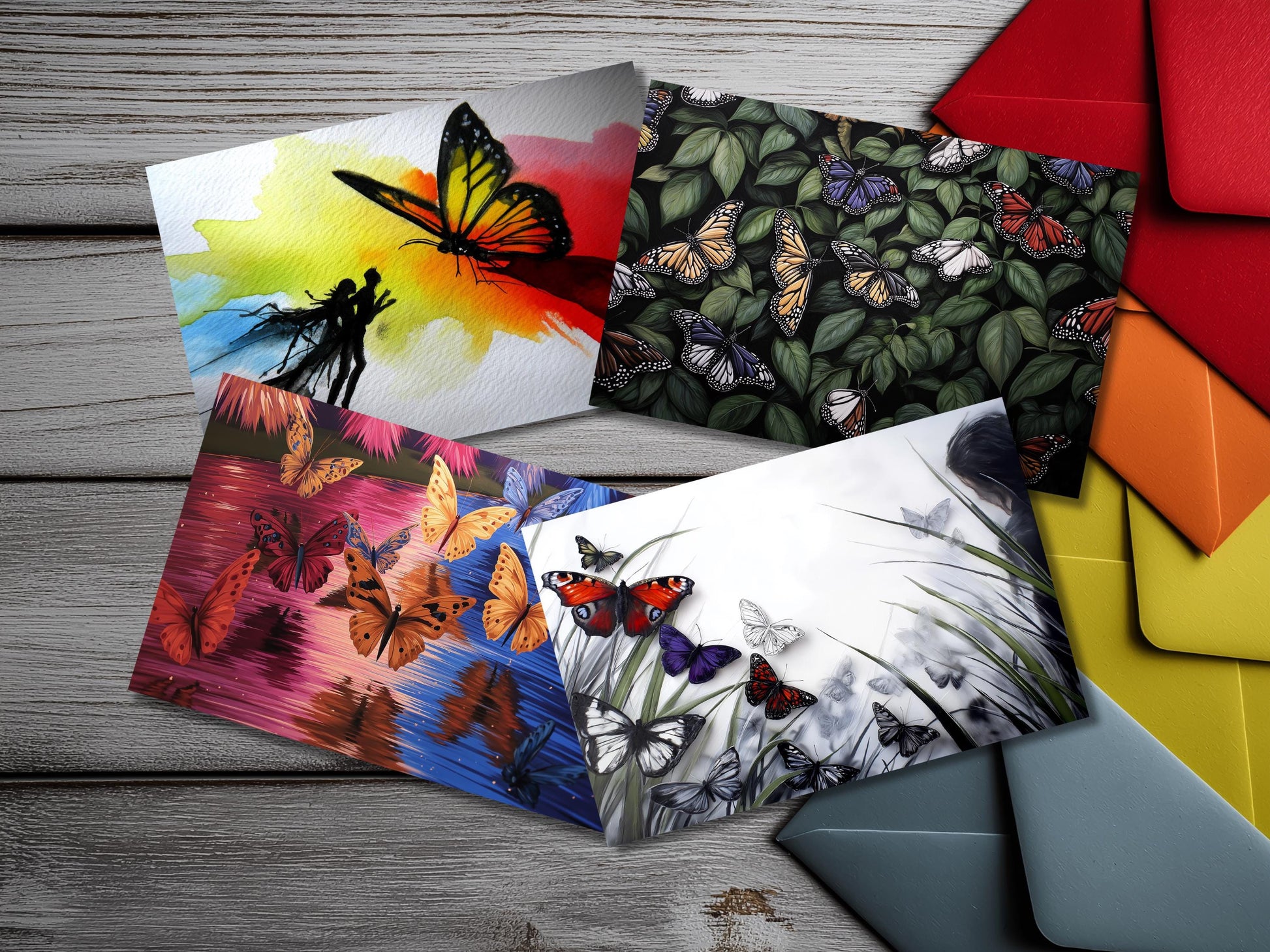 Butterfly Notecard Set – Unique Nature Art Flat Cards with Colored Envelopes – Botanical Stationery