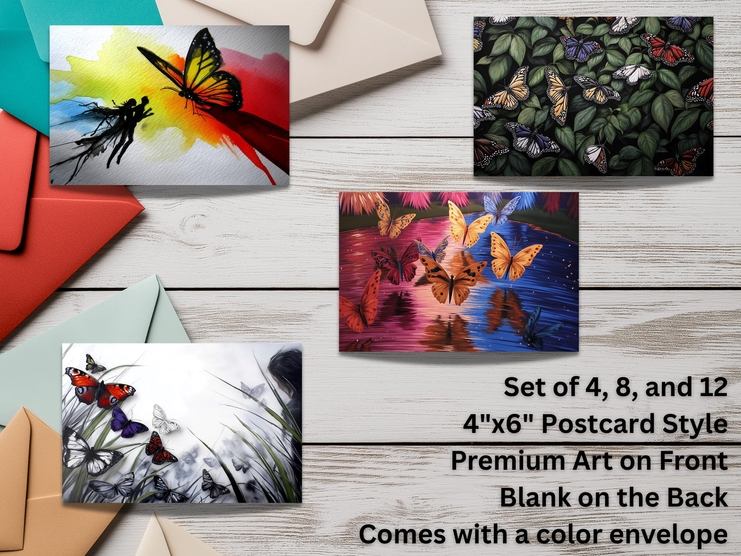 Butterfly Notecard Set – Unique Nature Art Flat Cards with Colored Envelopes – Botanical Stationery