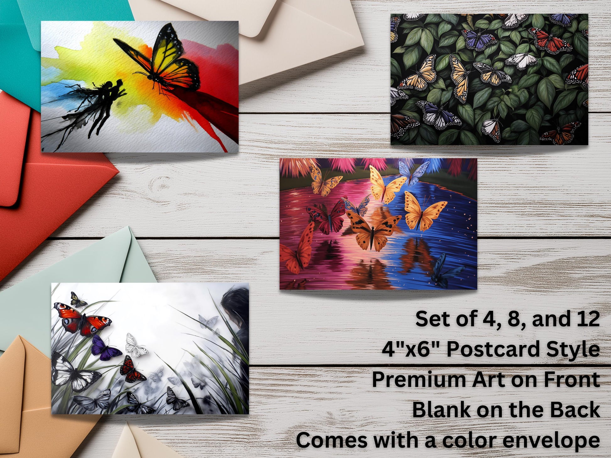 Butterfly Notecard Set – Unique Nature Art Flat Cards with Colored Envelopes – Botanical Stationery