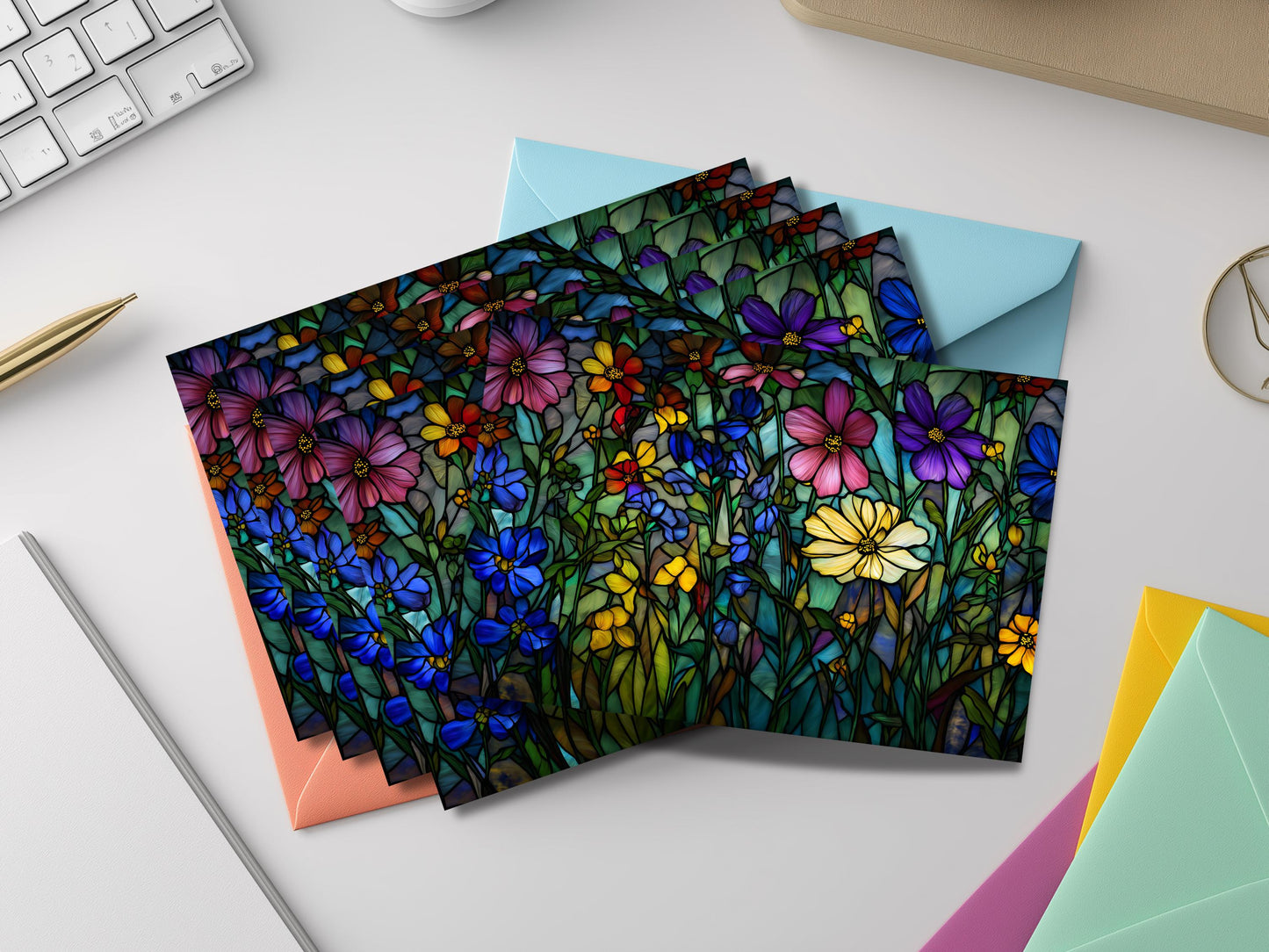 Stained Glass Floral Notecard Set – Botanical Art with Colored Envelopes