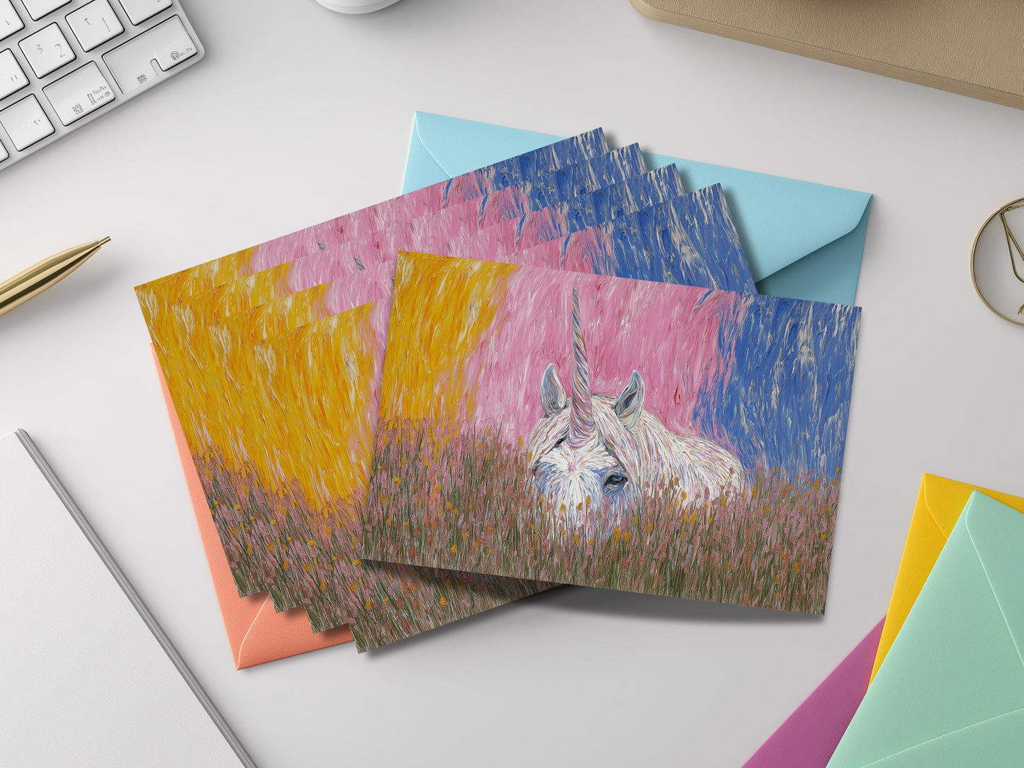 Unicorn Notecard Set – Fantasy Flat Stationery with Colored Envelopes – Unique Artistic Unicorn Gift