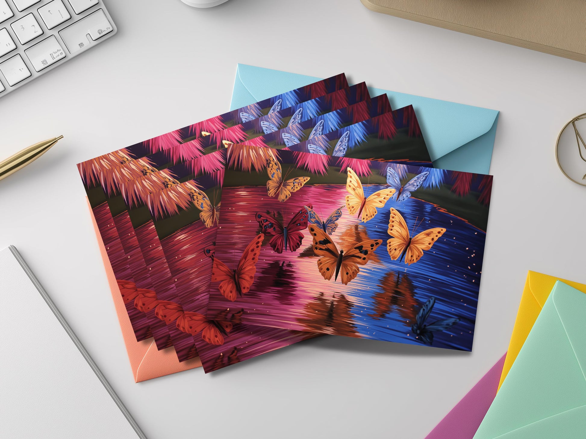Butterfly Notecard Set – Unique Nature Art Flat Cards with Colored Envelopes – Botanical Stationery