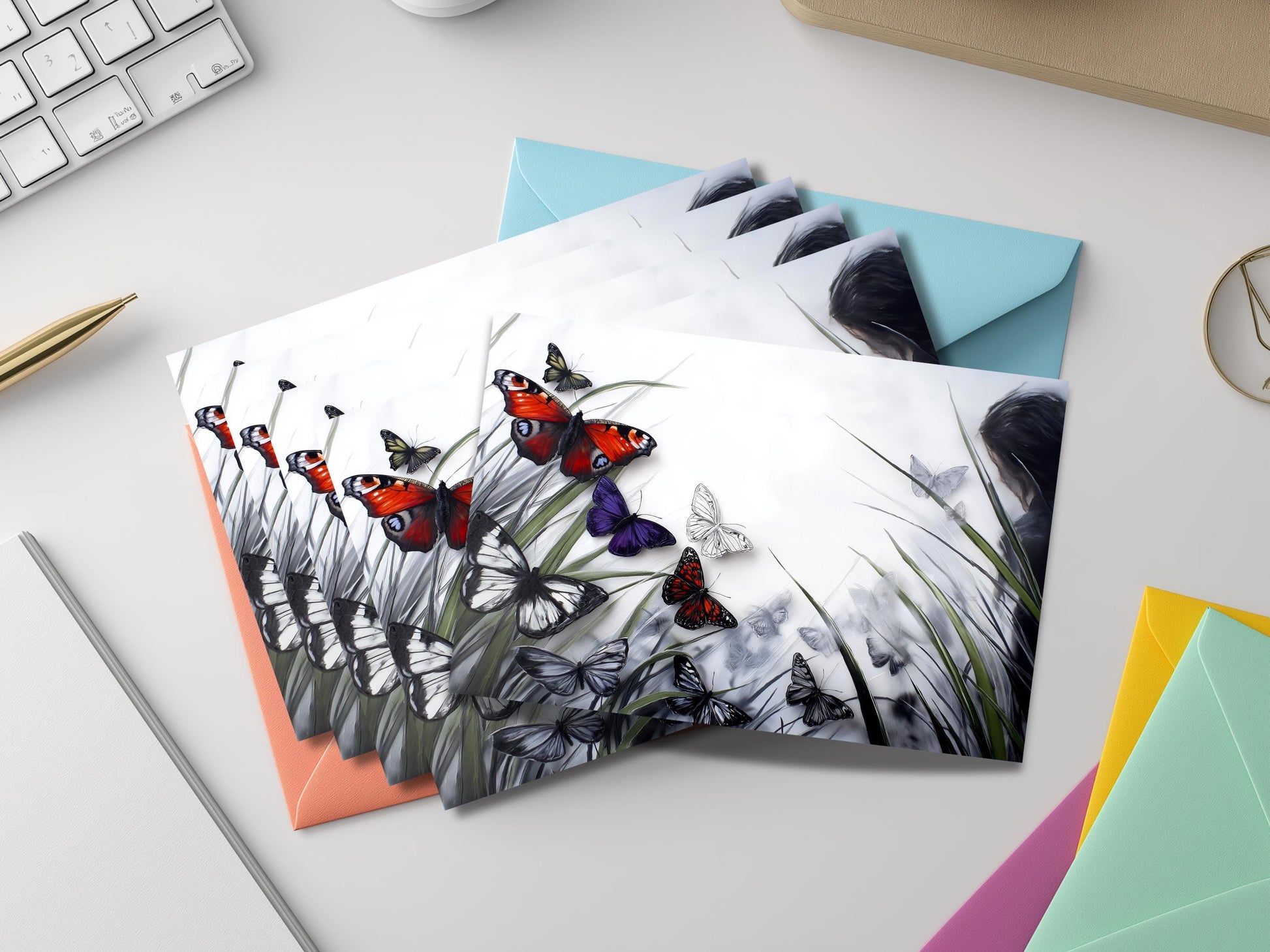 Butterfly Notecard Set – Unique Nature Art Flat Cards with Colored Envelopes – Botanical Stationery