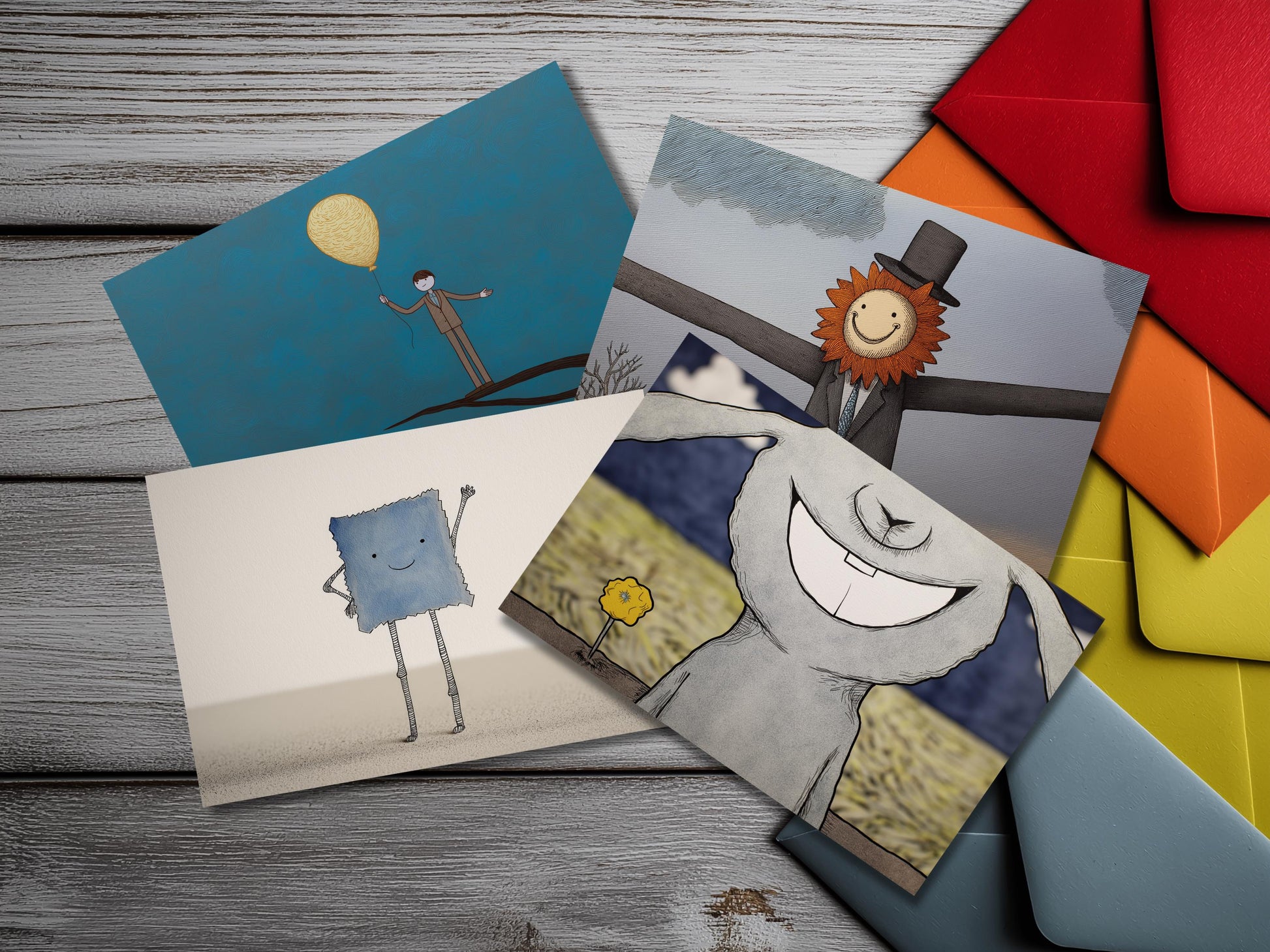 Whimsical Illustrated Notecard Set – Quirky Storybook Art Cards with Colored Envelopes