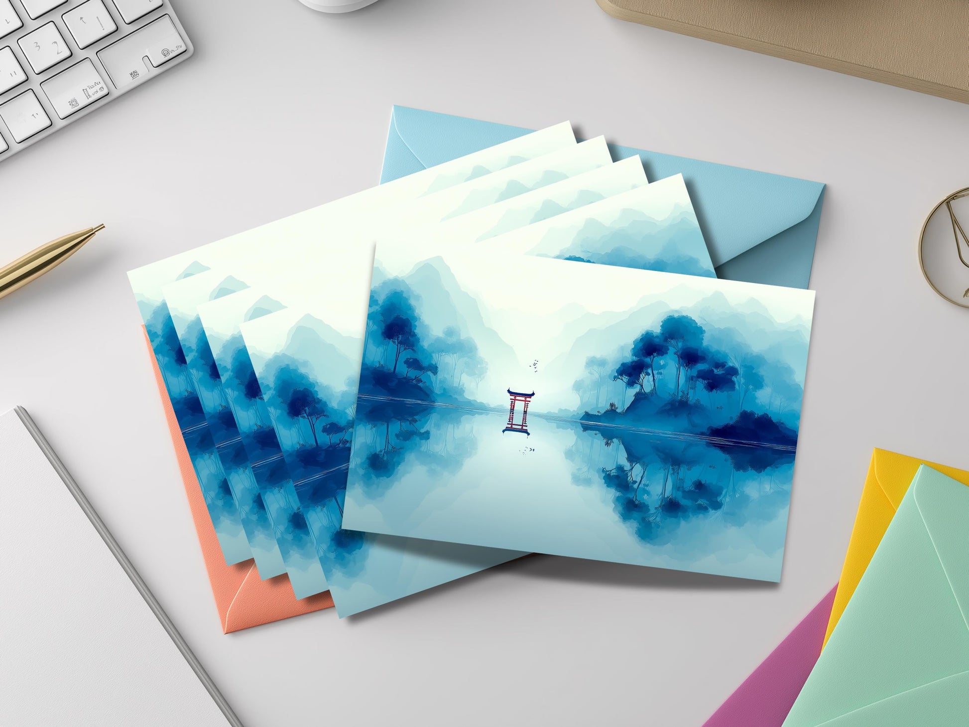 Japanese Landscape Notecard Set – Serene Pagoda & Torii Lake Art Cards with Colored Envelopes