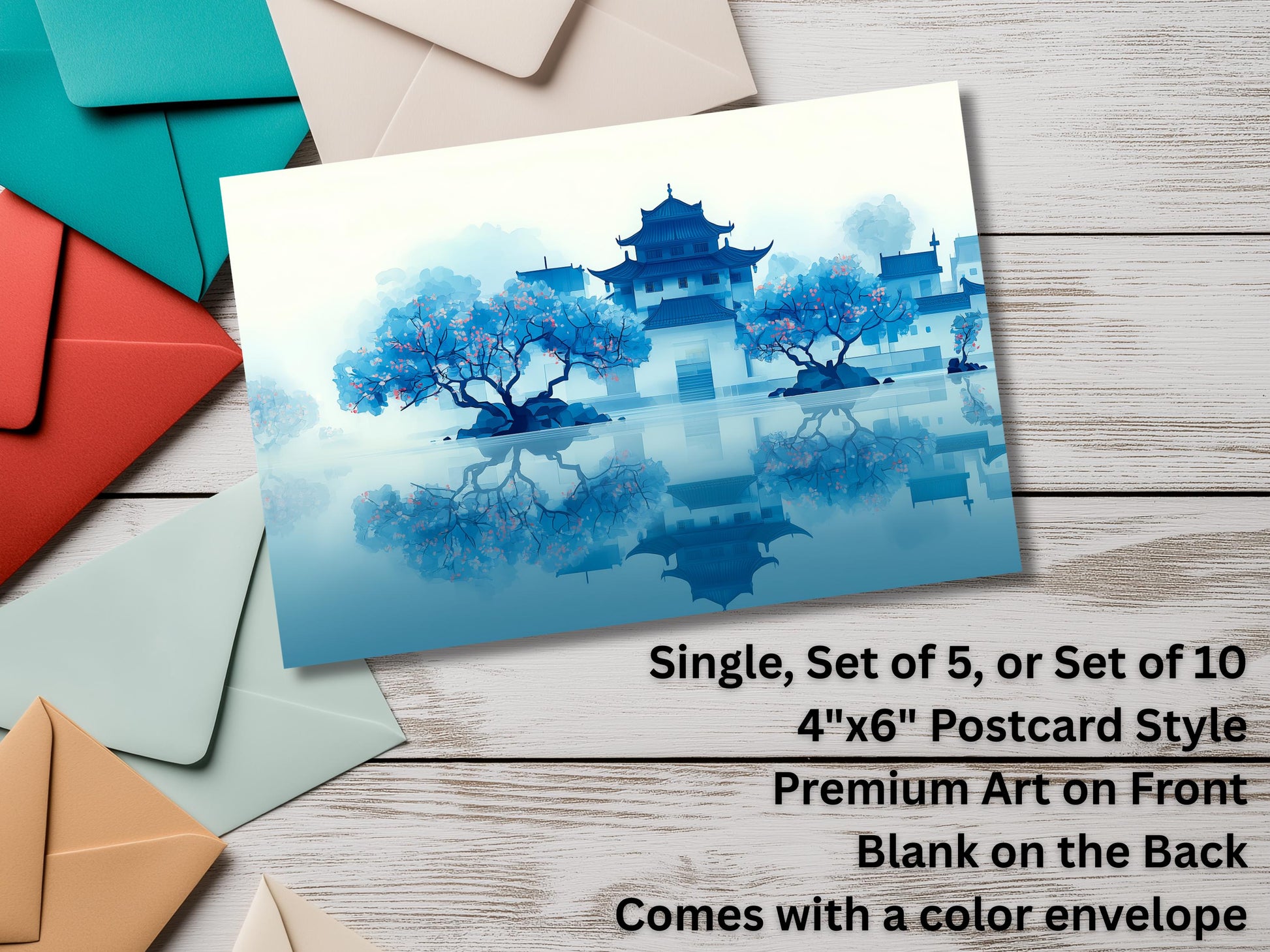 Japanese Landscape Notecard Set – Serene Pagoda & Torii Lake Art Cards with Colored Envelopes